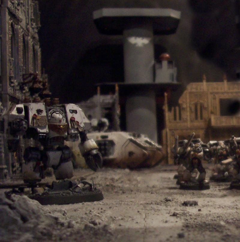 Action, Battle Report, Celestial Lions, Cities Of Death, Dreadnought, Game Table, Land Raider, Terrain