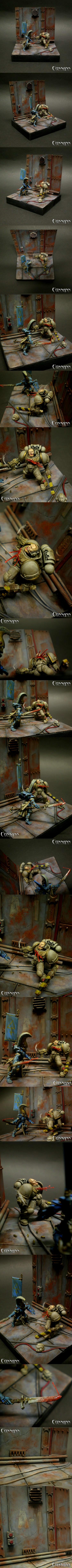 28mm, Battle, Blood, Diorama, Dire Avengers, Duel, Eldar, Exarch, Fight, Space Marines, Warhammer 40,000, Wounded