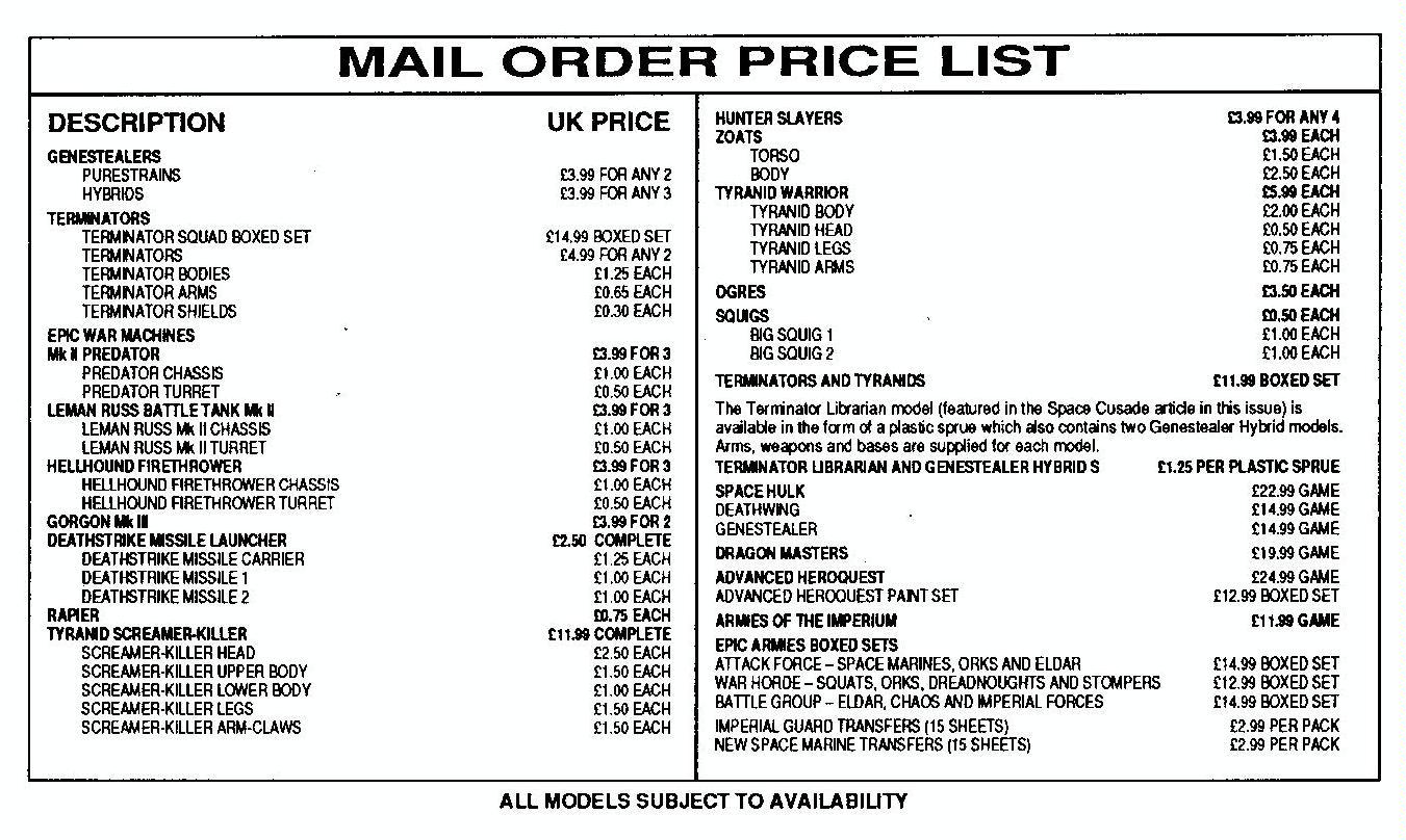 Copyright Games Workshop, Mail Order, Price List, White Dwarf