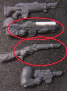 Lasgun to Shotgun conversion (above), Senior Officer's Laspistol (below), standard weapons provided for comparison 