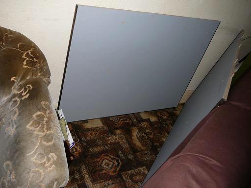 2 sheets of MDF, cut, drikked, pinned and painted