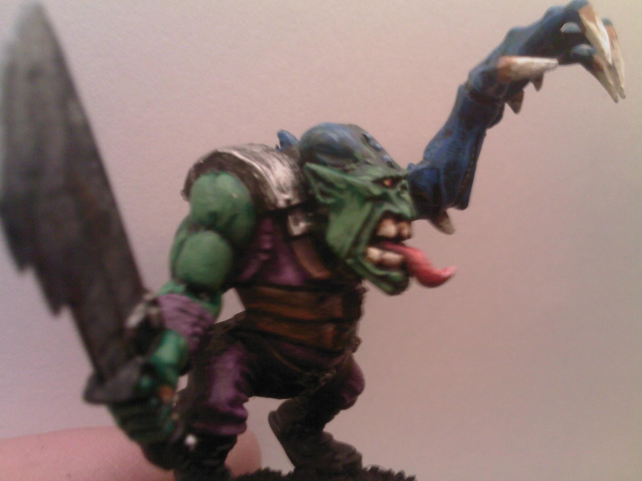 ANother view of the color test.  I like the colors, but may try washing the green flesh with blue and using Hawk Turquoise for the base color of the blue arm (rt now it's Enchanted Blue washed with old Orc Flesh Wash as a base) 