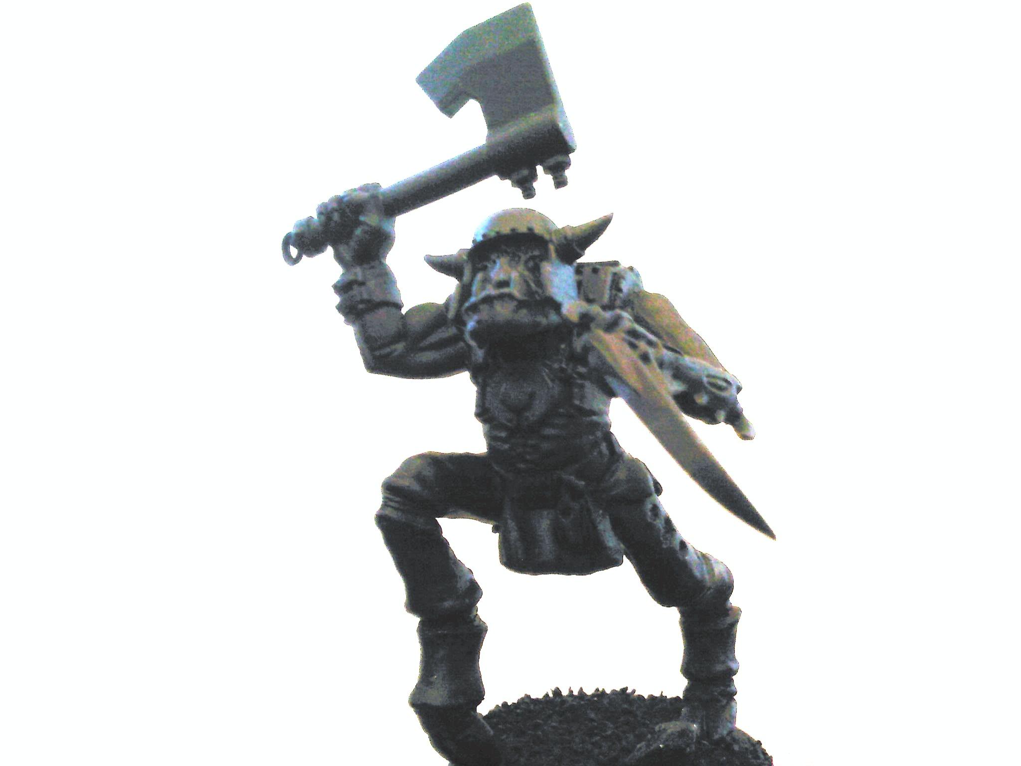 Scratch built greenstuff leaping bug legs onto ork torso with added scything talon