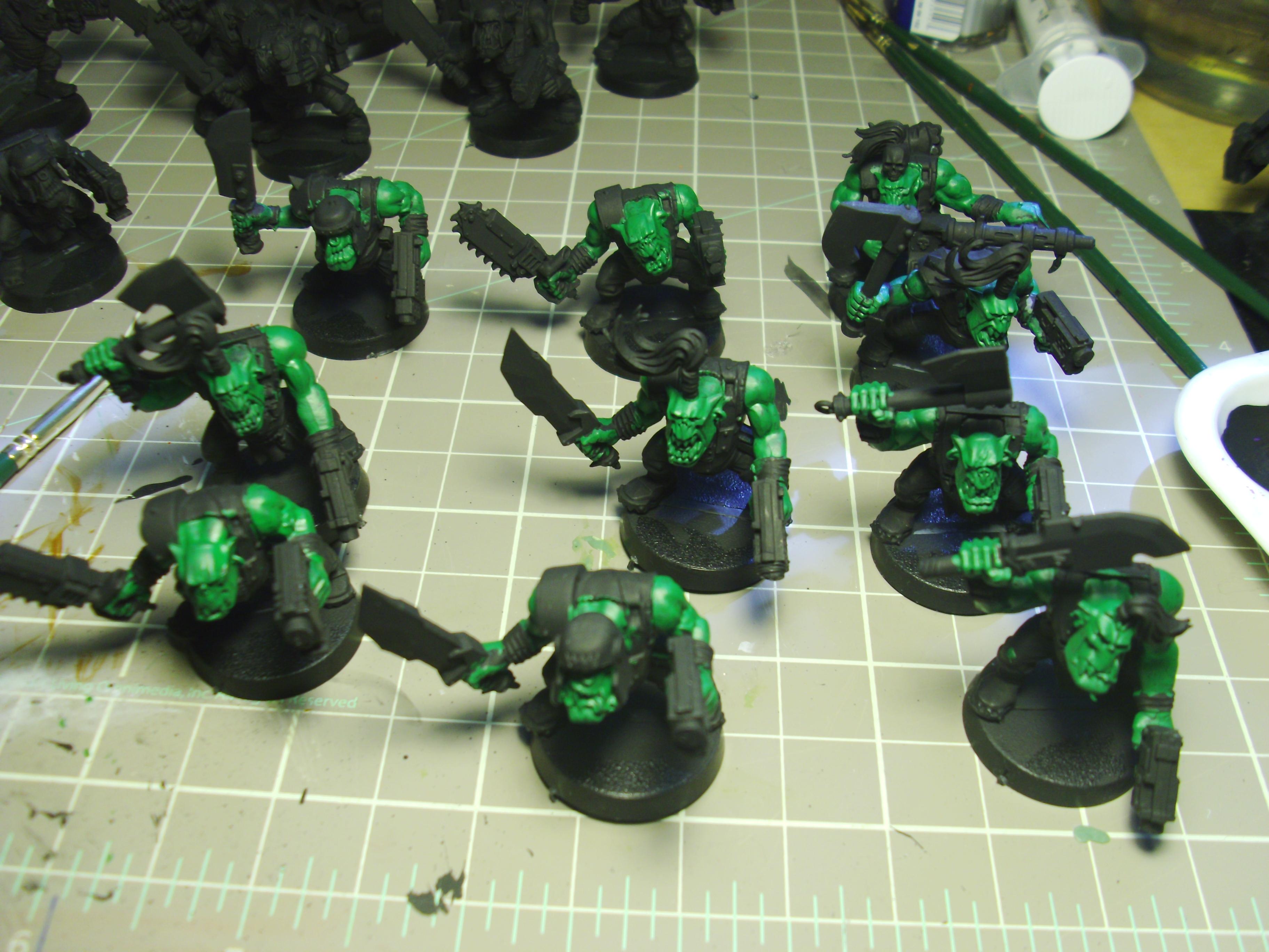 Orks, After about 35 minutes of Snot Green painting, I had half the boys done