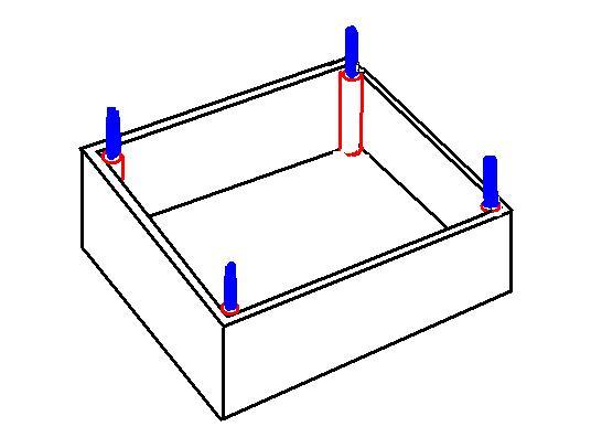 Black=building, red=PVC pipe, blue=dowel rod