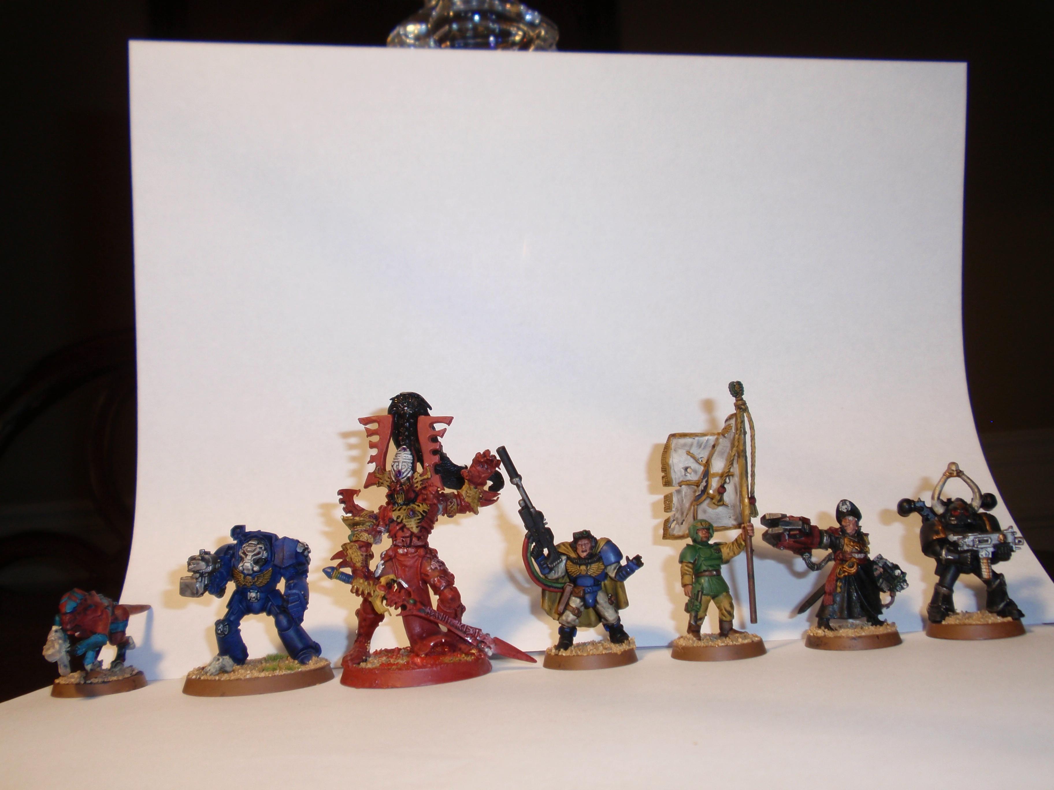 Avatar, Chaos Space Marines, Commisar Yarrick, Imperial Gurad Standard Bearer, Space Marine Scout Sergeant, Termagants, Terminator Armor