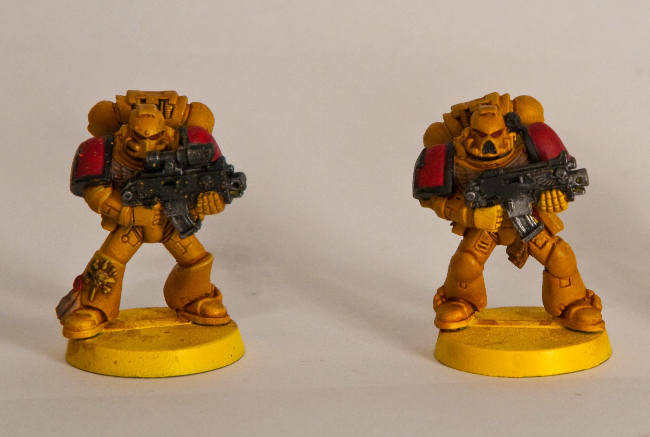 Two more marines, painted up to the Sepia wash so they need some highlights to make them look more yellow