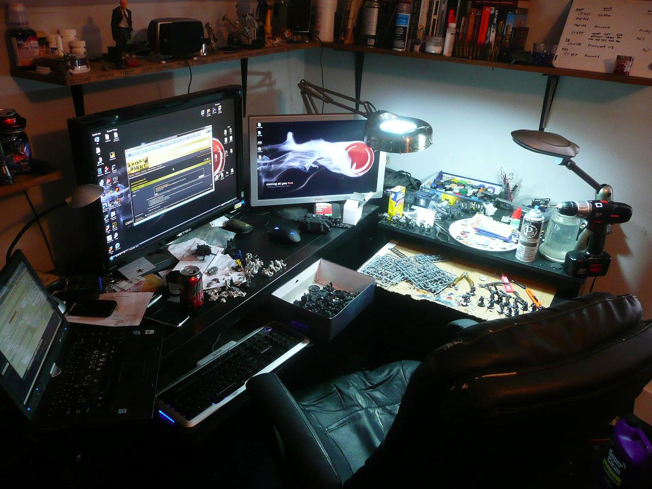 Hobby Area, My command center! That armiture magnifying lamp is amazing, the other one is an excellent and cheap LED one from walmart. Usually it's not as messy on my desk but I just got some new kits