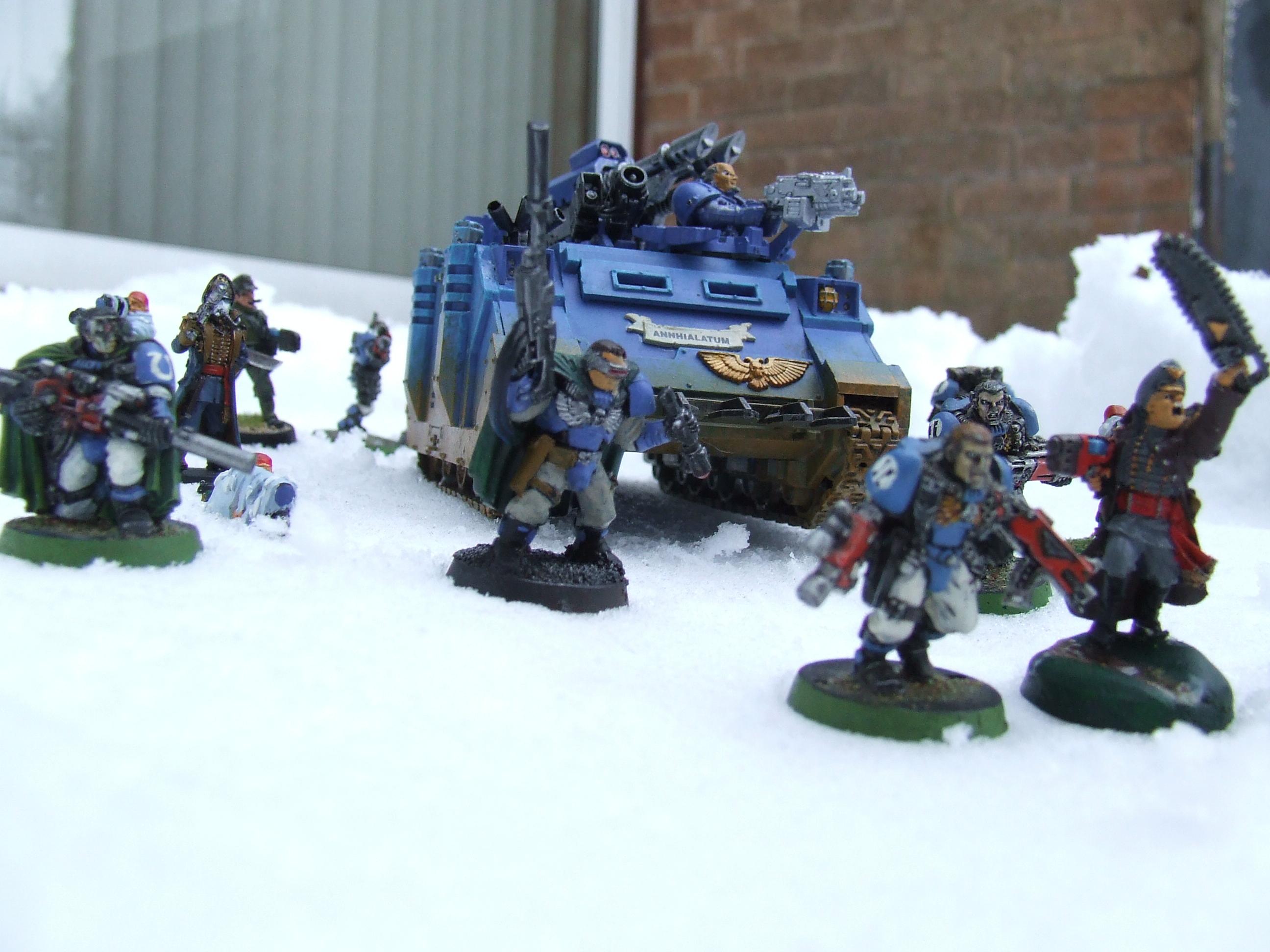 Imperial Guard, Rhino, Snow, Space Marines, Ultramarines