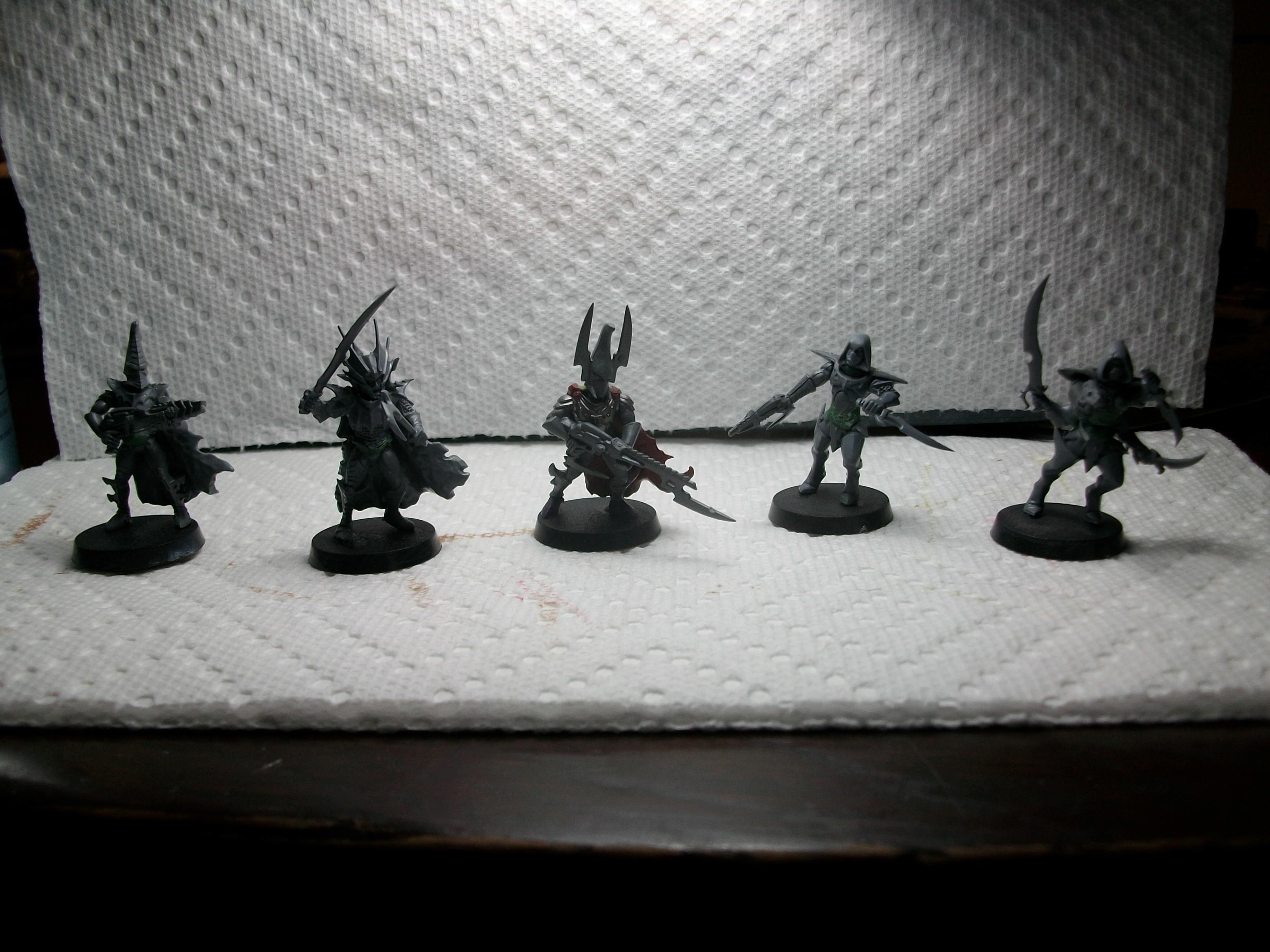 Dark Eldar, left to right: Blaster Warrior, Sybarite, Warrior, Mandrake, Decapitator