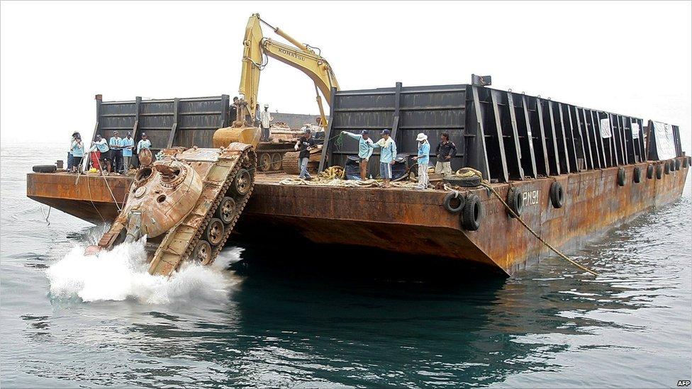 The Thai military dropped old tanks into the Gulf of Thailand which are expected to serve as artificial reefs for coral to help rehabilitate the marine ecology of the region. bbc website. 