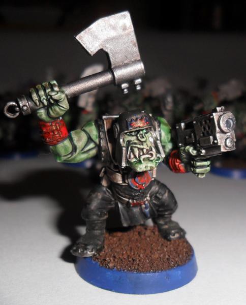 Orks, here you can see where I have painted over the blue details I think it will still look ok on the table top