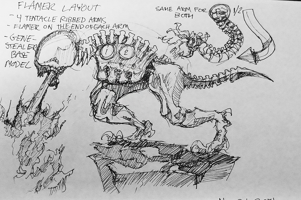 Alright, so here's what my flamers of Tzeentch will look like. They will be using genestealers as base models. I did this on the bus so the shape is pretty off, but that's the jist of it