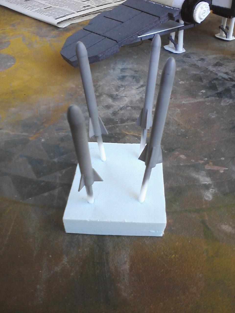 Missiles, also grey primed.  These were made with 1/4 in plastic tube, ABS plastic for the fins, and green stuff to shape the nose