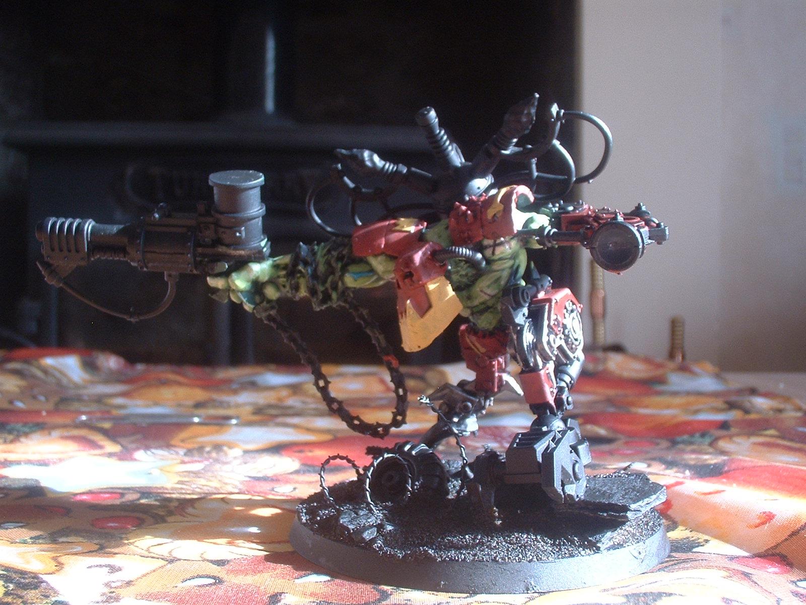 Big Mek up first- flesh done and a basecoat on some of the armour