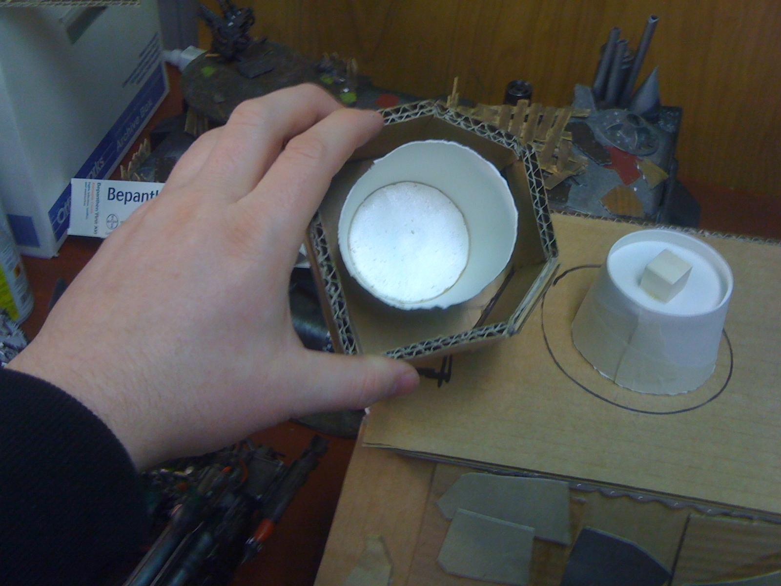 My cup-in-cup design to allow the head to swivel. Budget model making at its finest!