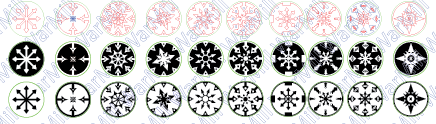Stars and icons on bases, the bases have an arrayed detail around the edge such as stars, spikes etc