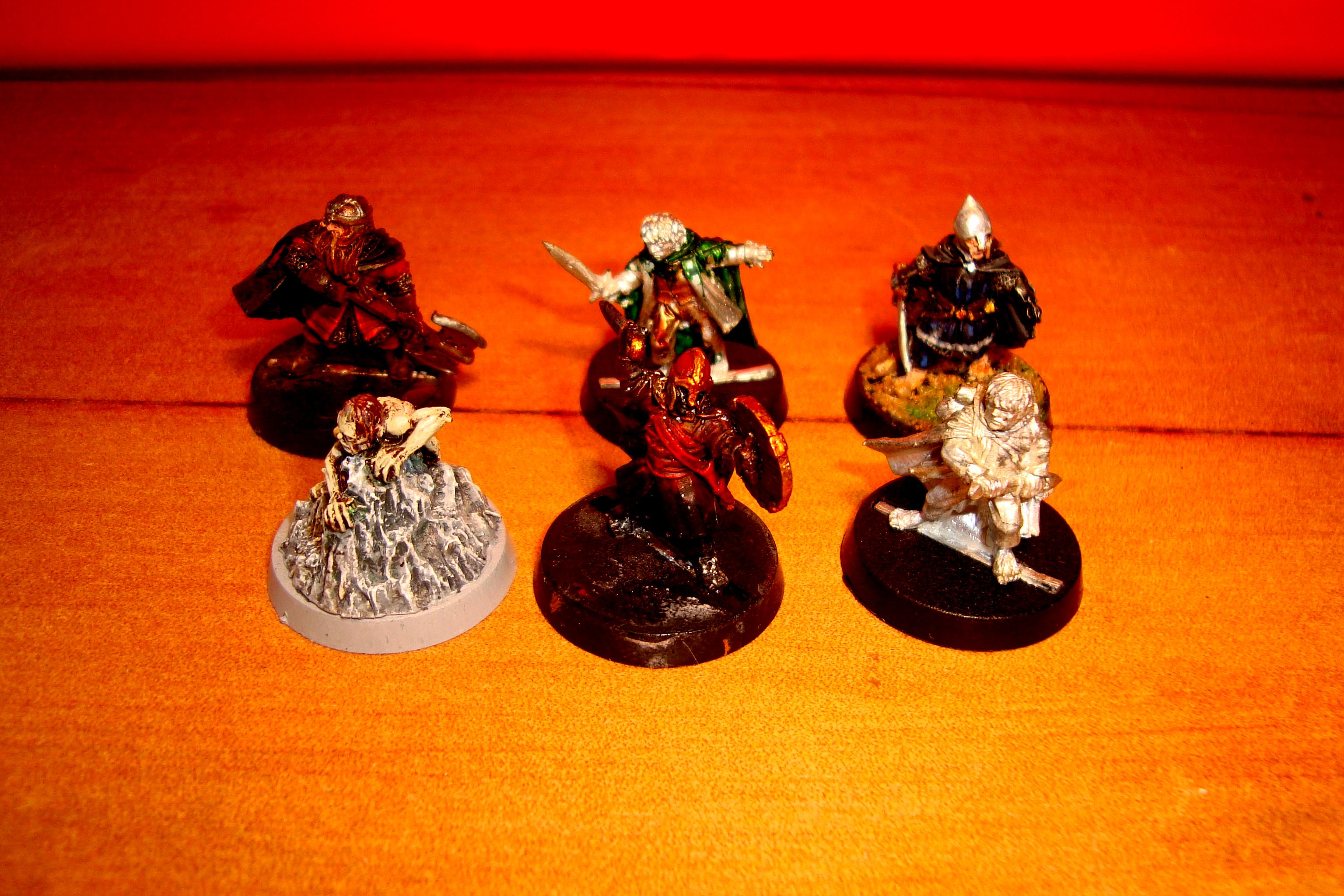 Golem on rock, Gimli, Sam, Meriadoc, Esquire of Rohan, Peregrin Took, Guard of the Citadel and Frodo
