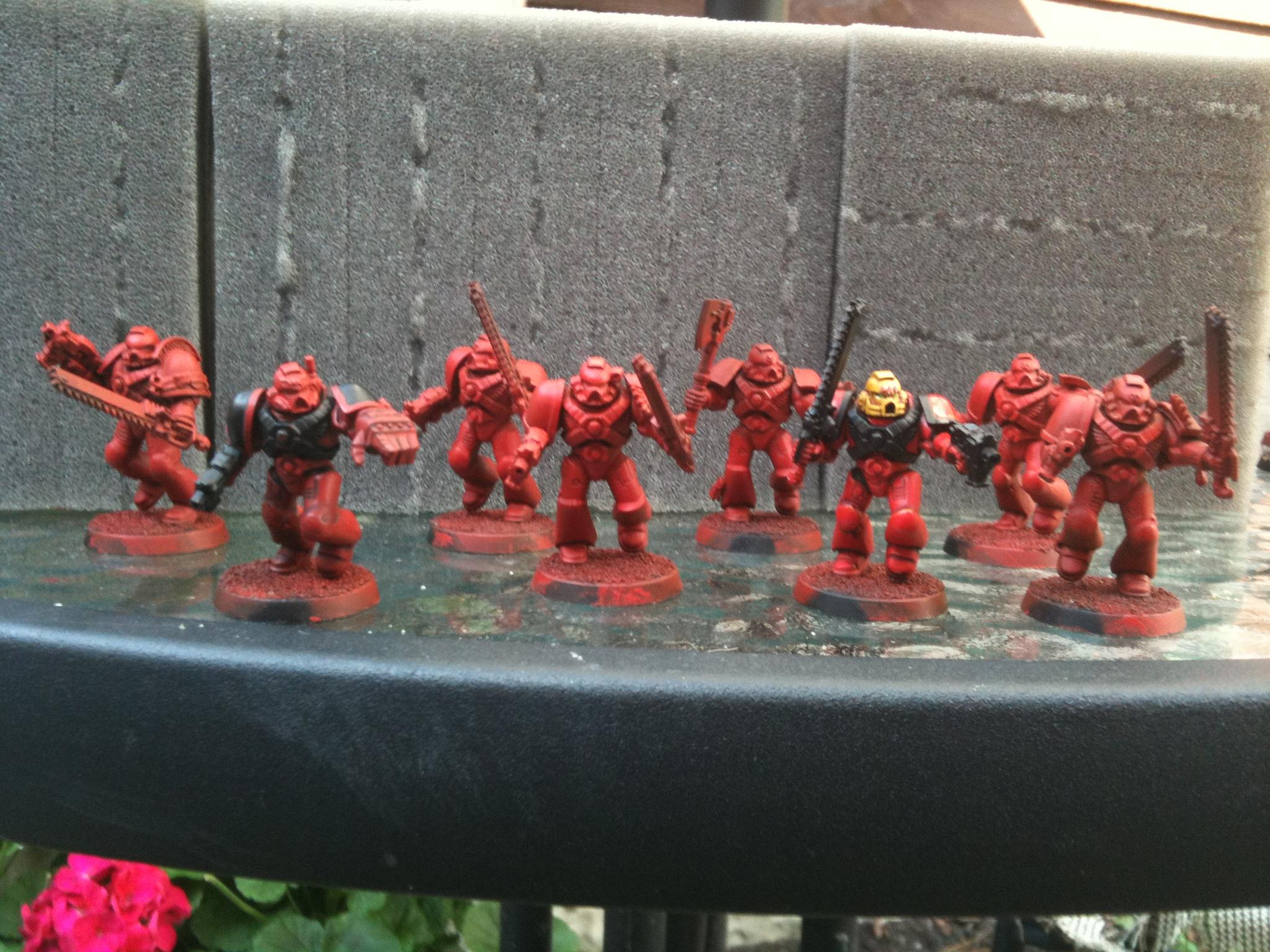 Blood Angel assault marines airbrushed red over a black undercoat, Ready for layering