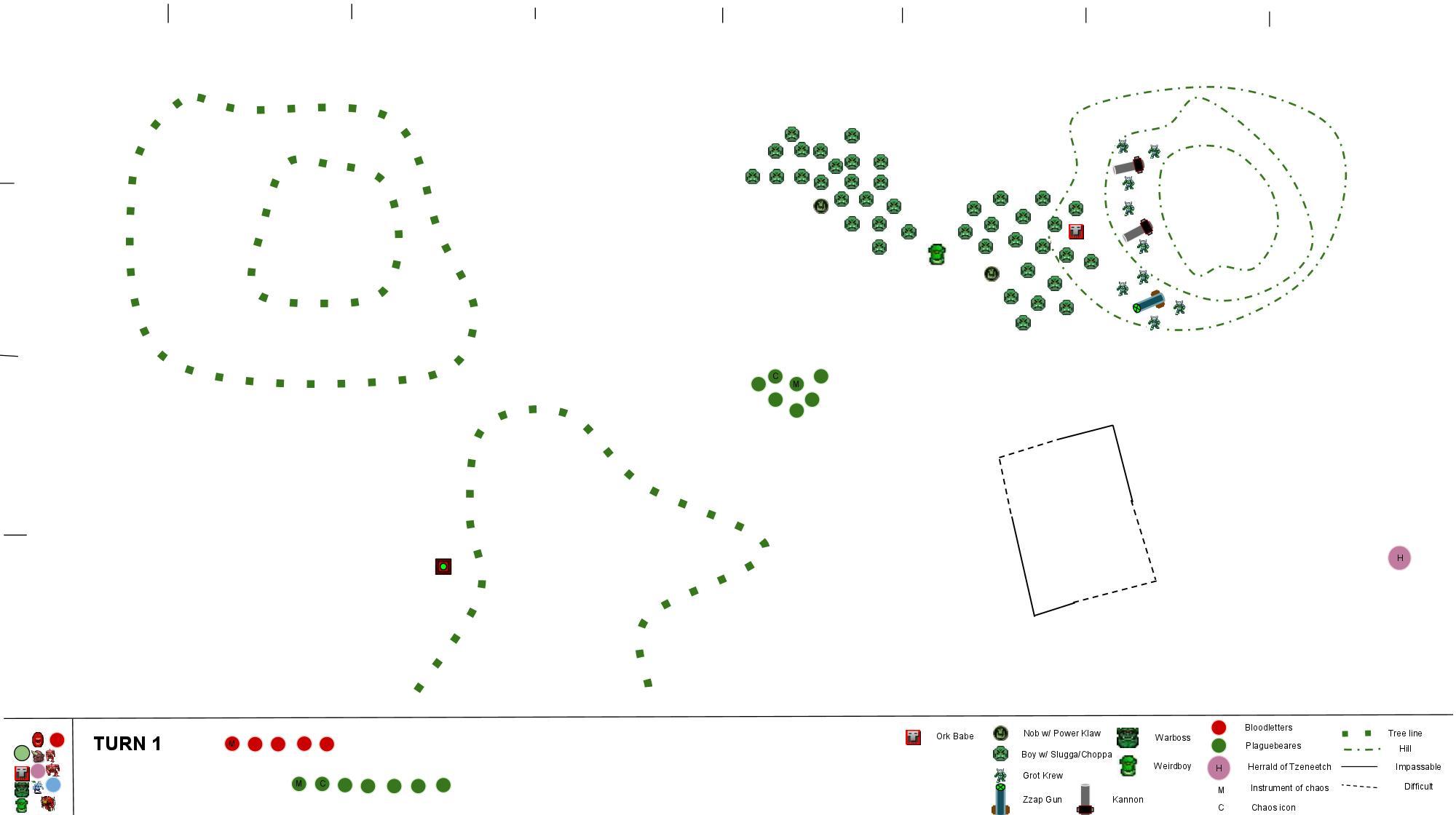 500pt Ork vs Daemon - Turn 1.1 (Top-Daemons) without starting lines