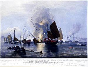 HMS Nemesis destroying a flotilla of Chinese junks during the Opium War