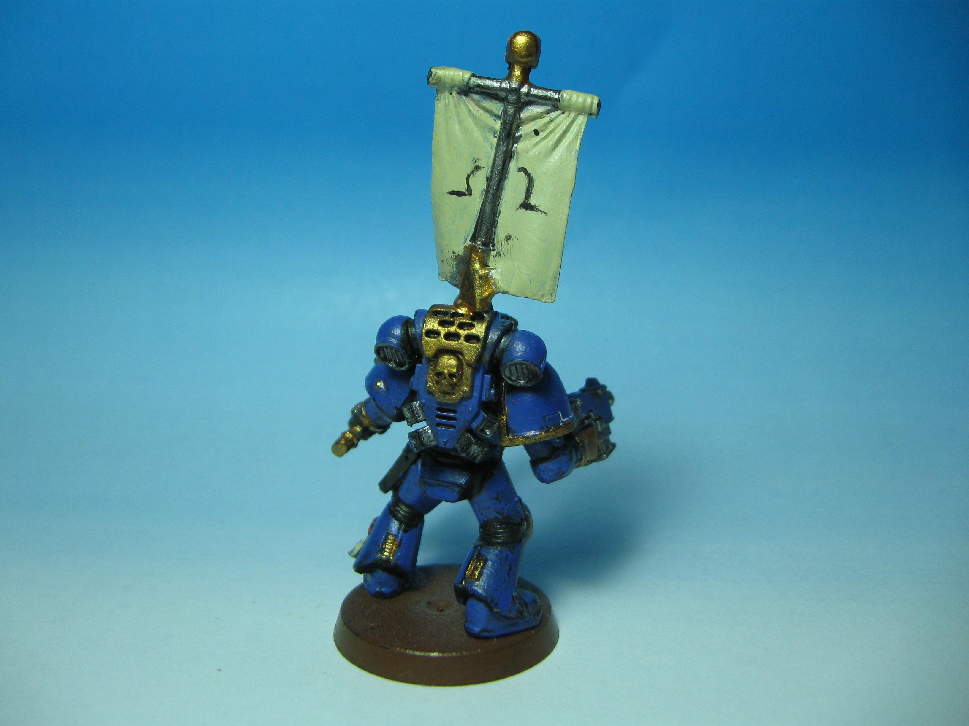 Space Marine Captain with Chainsword, Bolt Pistol, Artificer Armour and Banner (Back View)