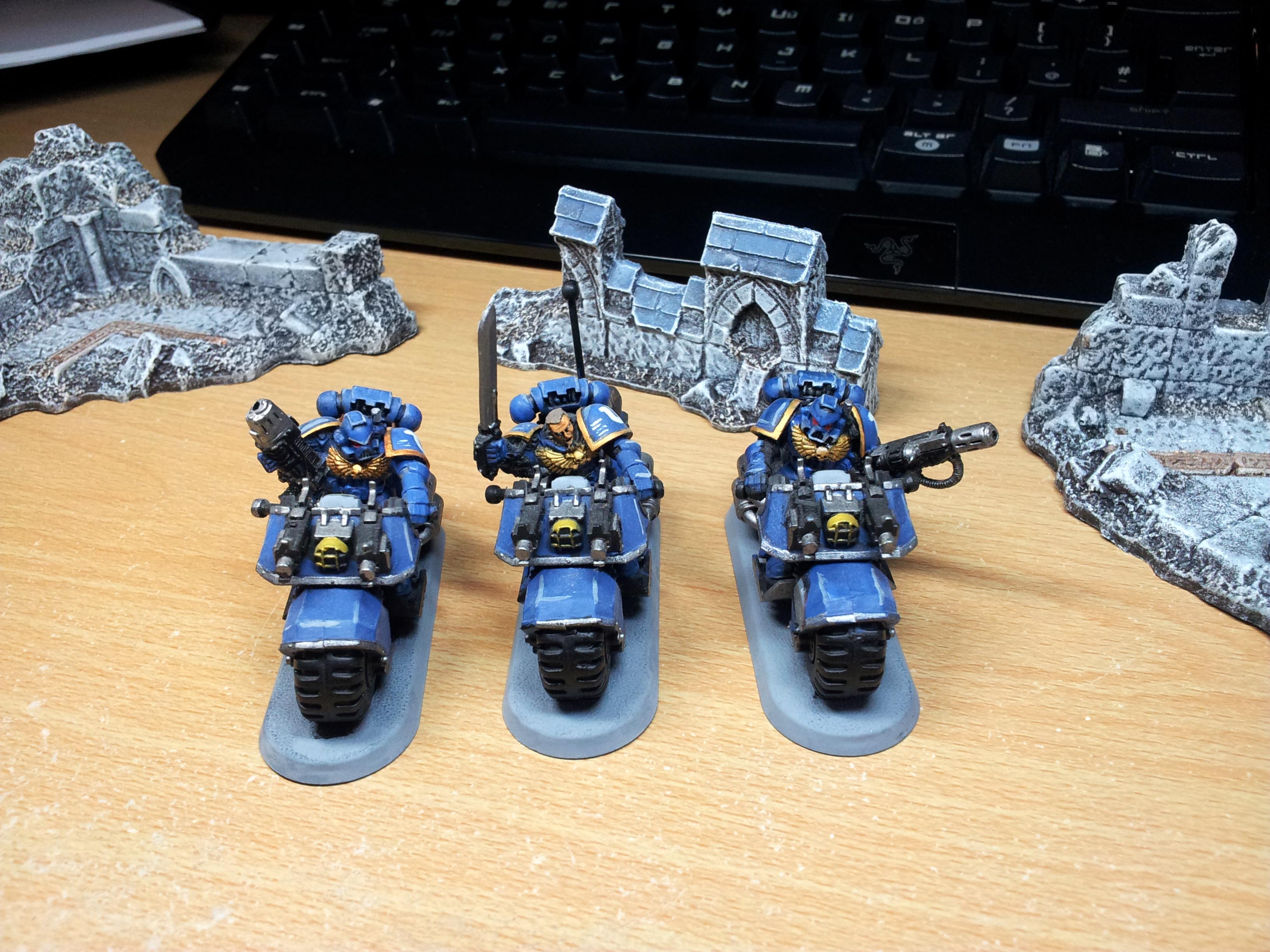 3 SM bikers, one with plasma, one with melta, sgt with PW
