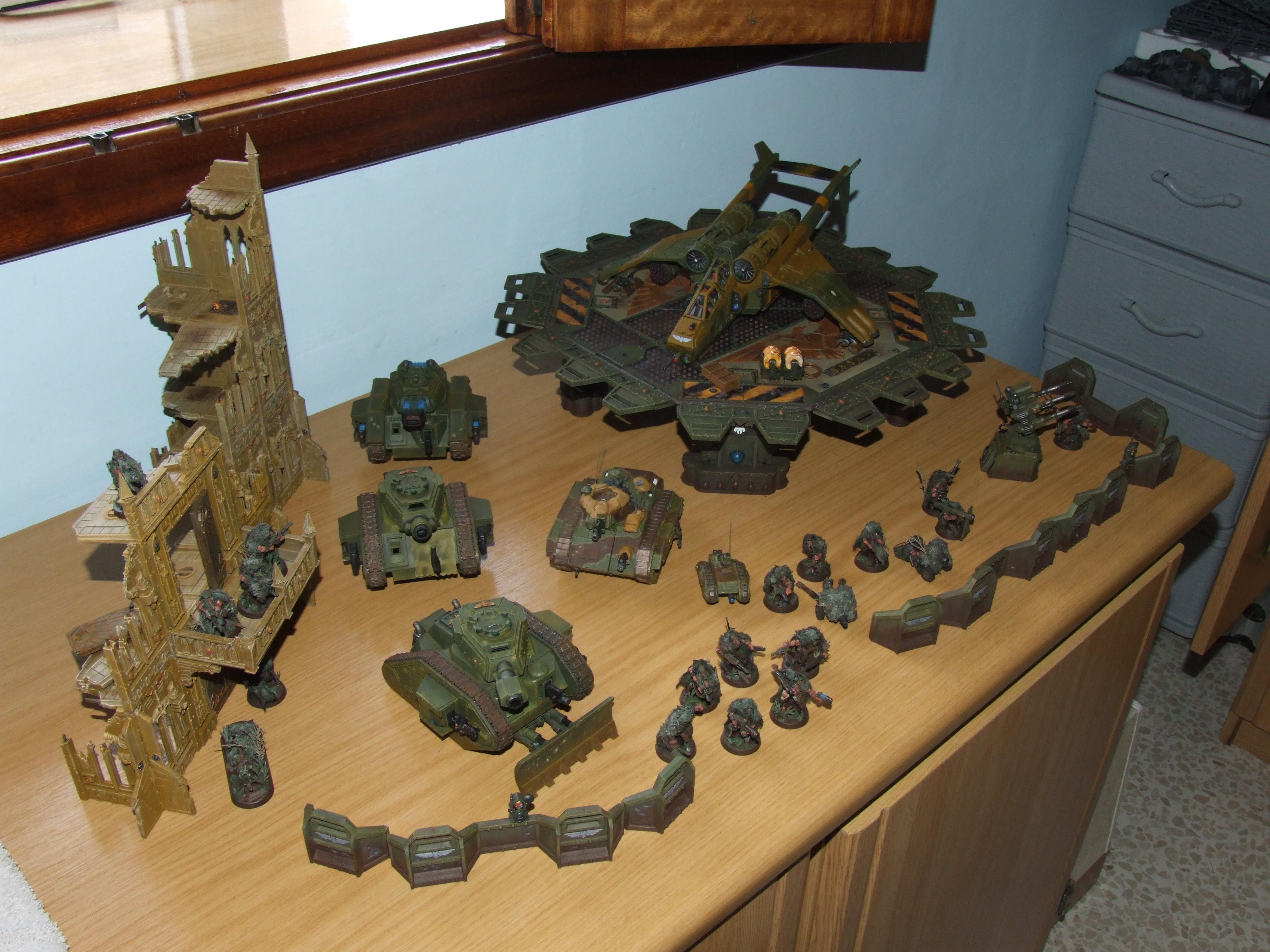Aegis Defence Line, Catachans, Chimera, Cyclops, Demolisher, Eradicator, Executioner, Fortifications, Imperial Guard, Landing Pad, Leman Russ, Ruins, Skyshield, Valkyrie
