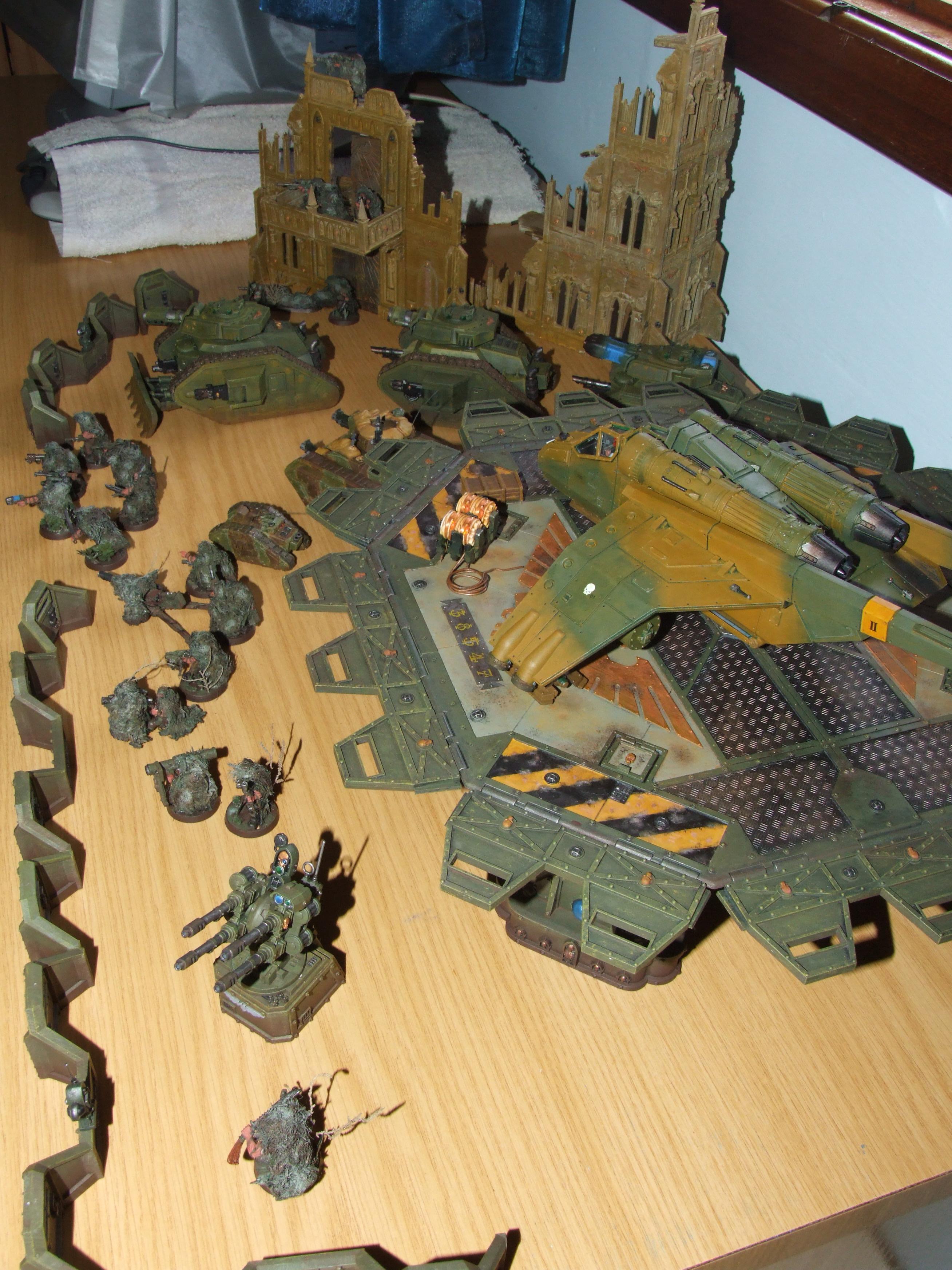 Aegis Defence Line, Catachans, Chimera, Cyclops, Demolisher, Eradicator, Executioner, Fortifications, Imperial Guard, Landing Pad, Leman Russ, Ruins, Skyshield, Valkyrie