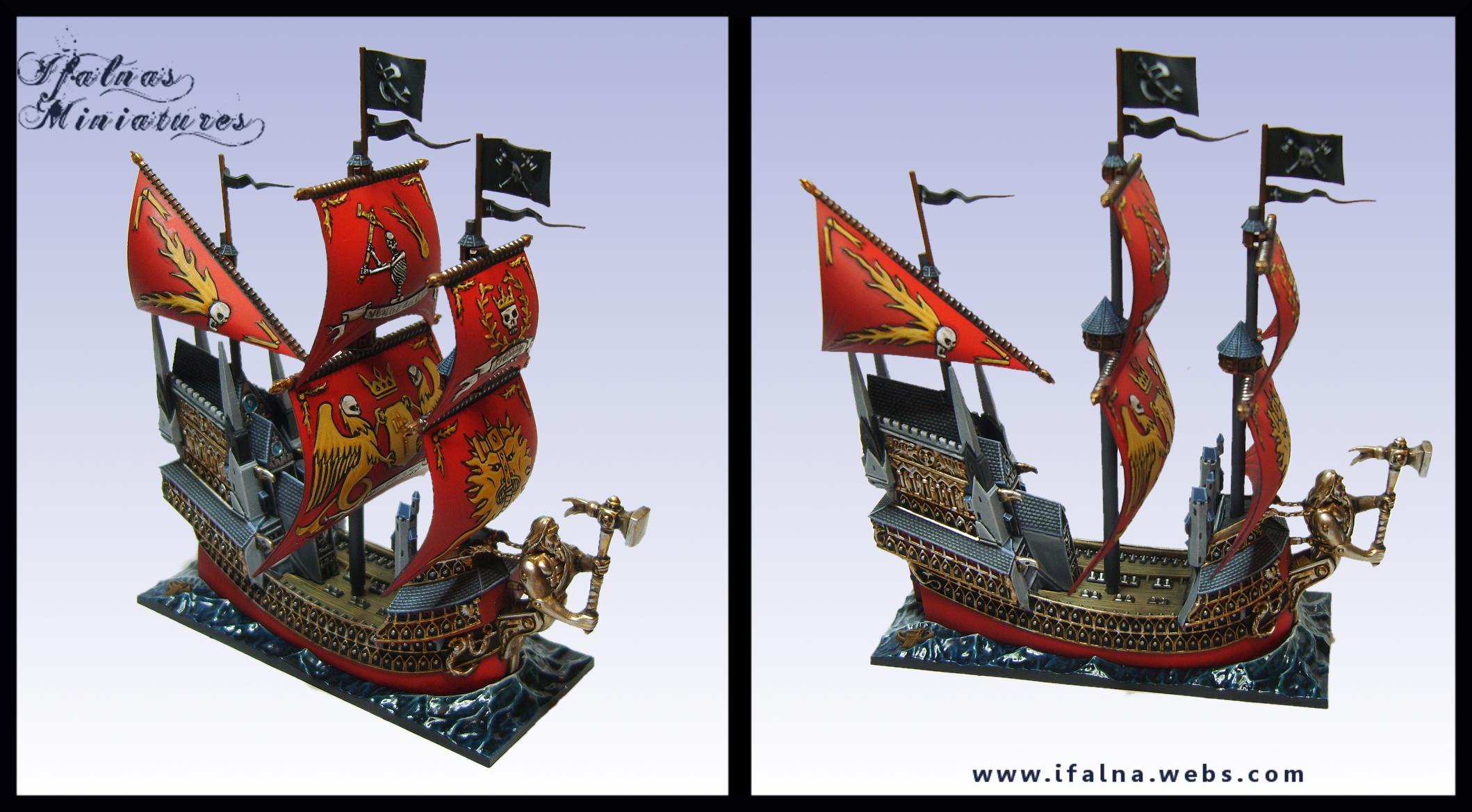 Boat, Dreadfleet, Flag, Games Workshop, Gold, Heldenhammer, Red, Sail, Sea, Ship, Water