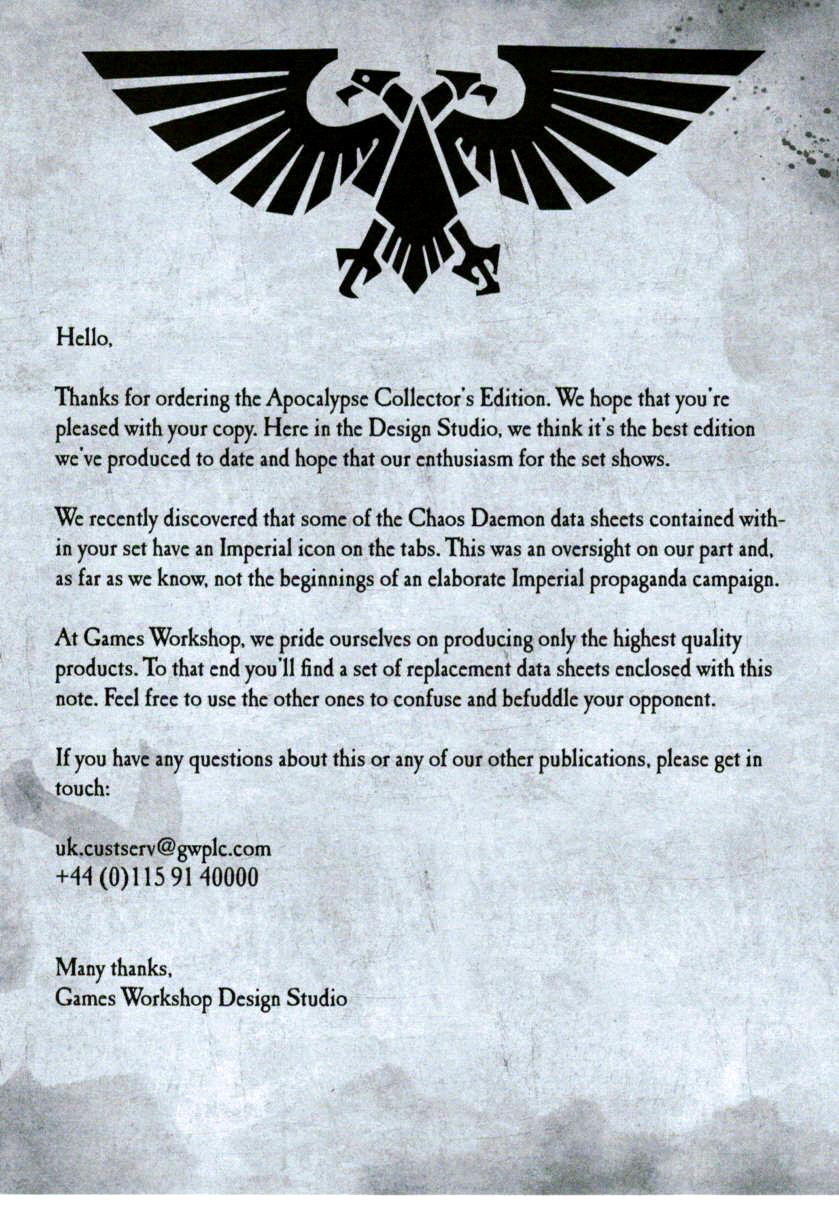 Apocalypse, Games Workshop, Letter
