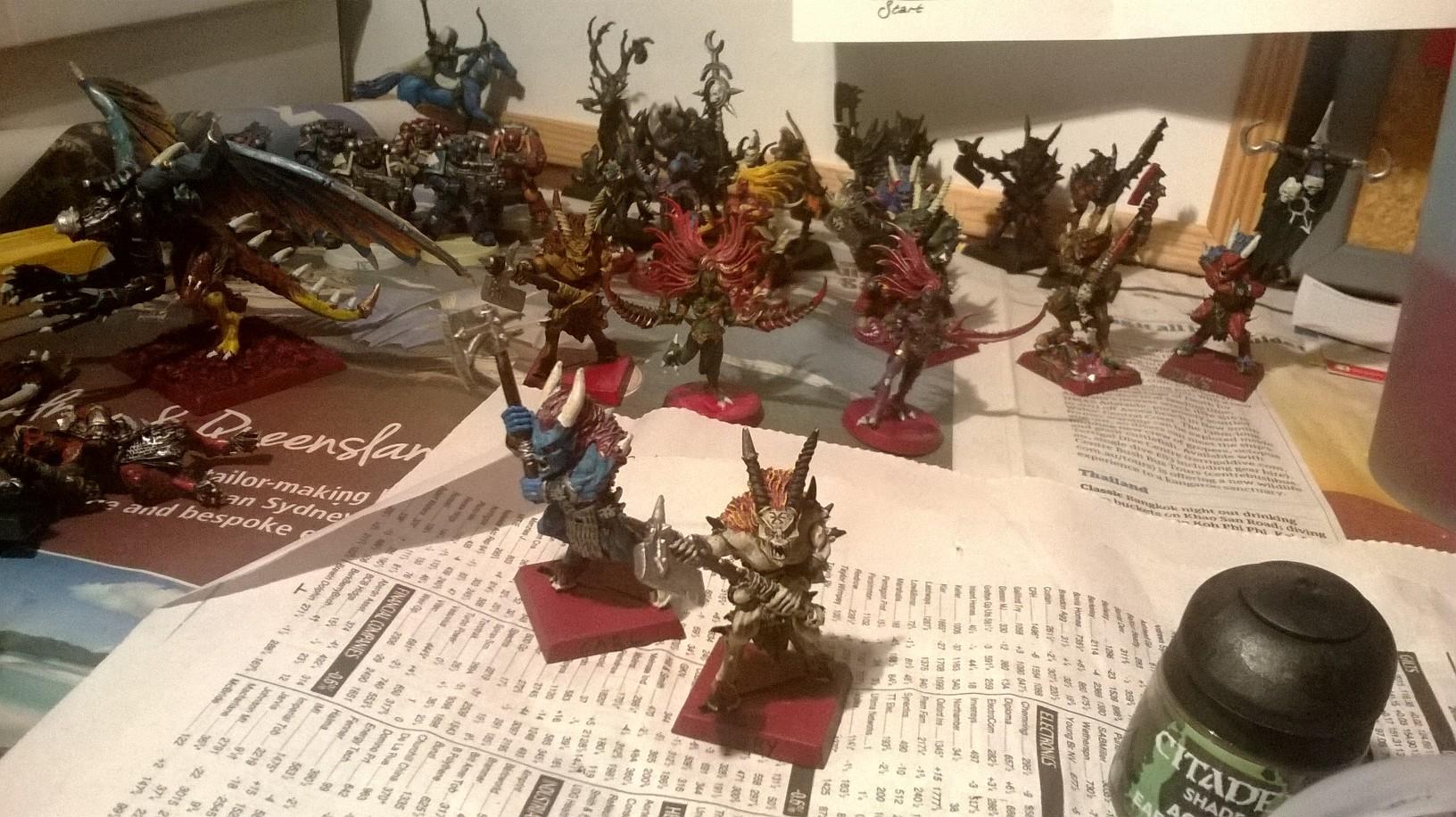 The general gist of my force so far, including sick bay- yes that's a headless baby daemon prince that you can see in the corner.