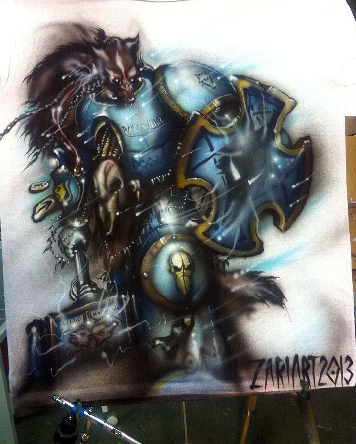Custom Airbrushed, Shirt, Snow, Space Wolves, Storm Shield And Hammer, Wolf Pelt
