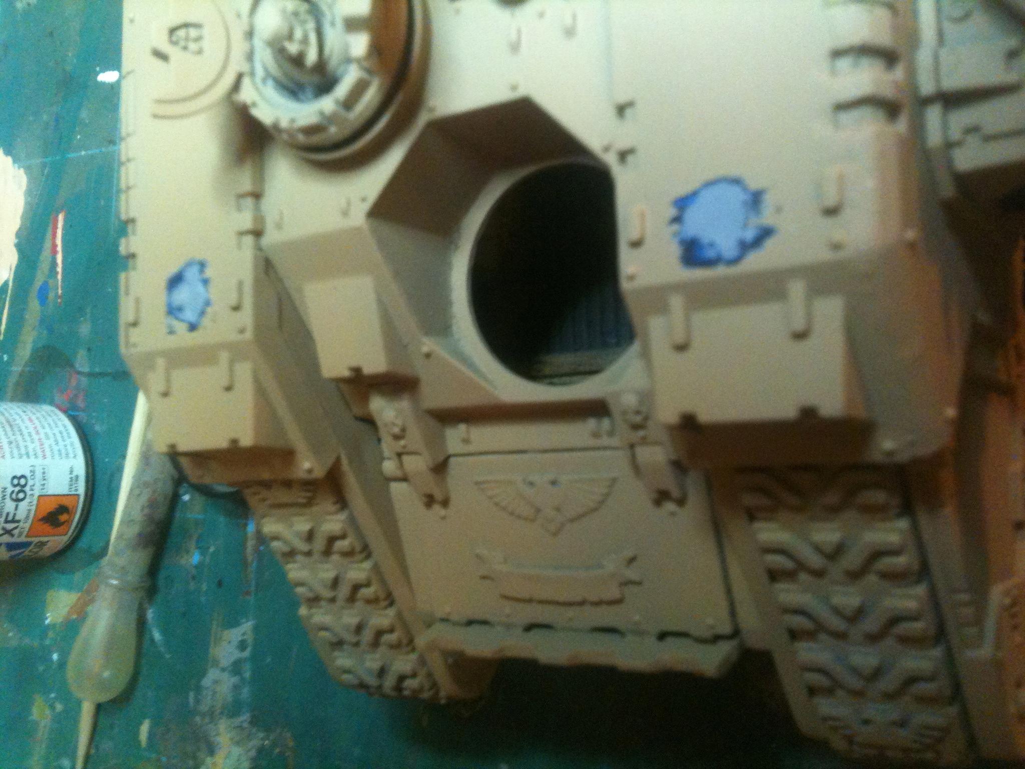 I noticed too late glue blobs where the old smoke launchers had been , so scraped it smooth and fitted two new ones , you can just see the original blue paint underneath. 