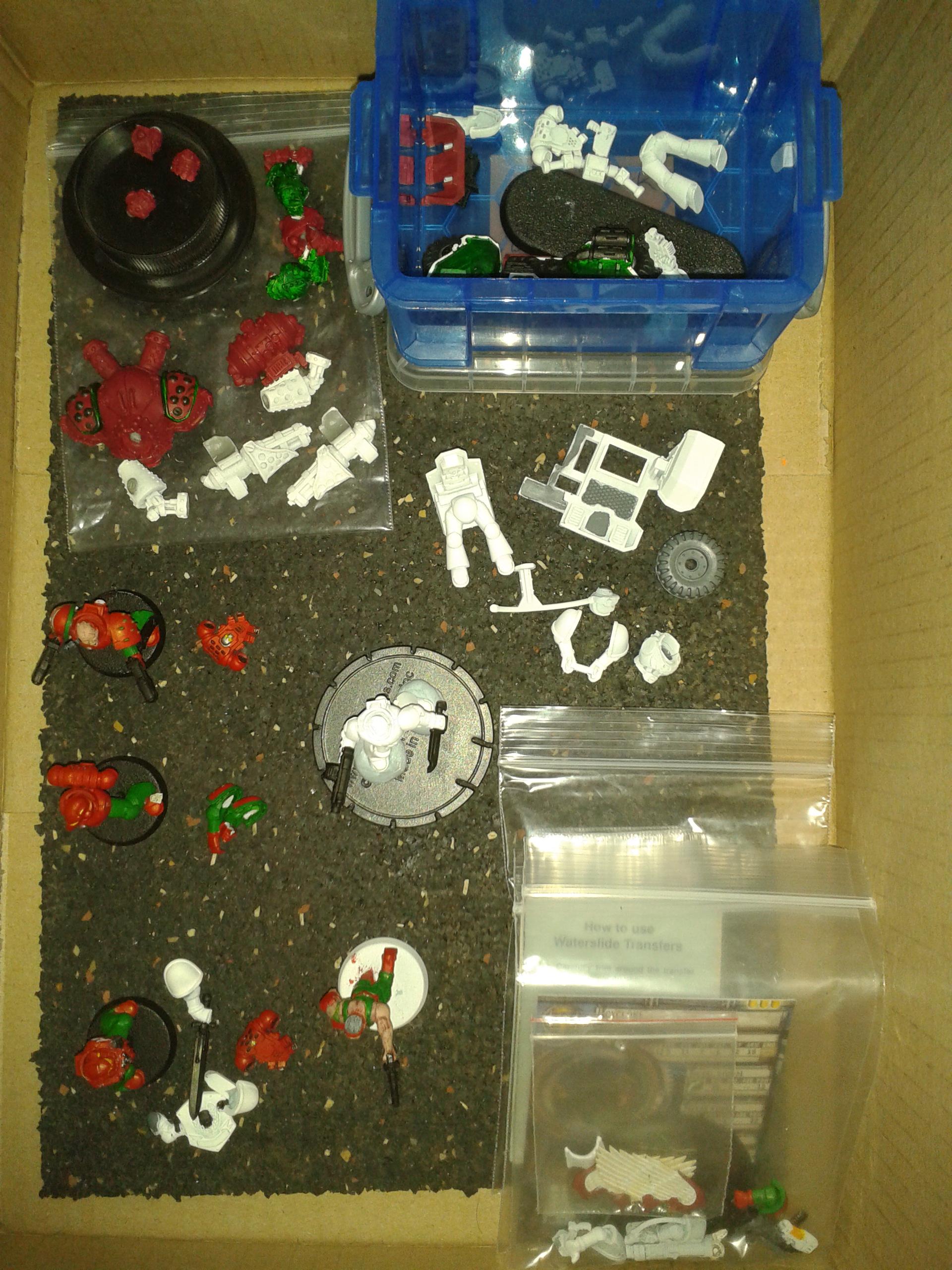 Warmachine warjack,GW attack bike,marine with dual plasma pistols,marine with "beaky" helmet,marine with power sword & shield,Catachan with power fist & BIG revolver (Anvil Industry),marine with bolter and combat blade (but no head!)