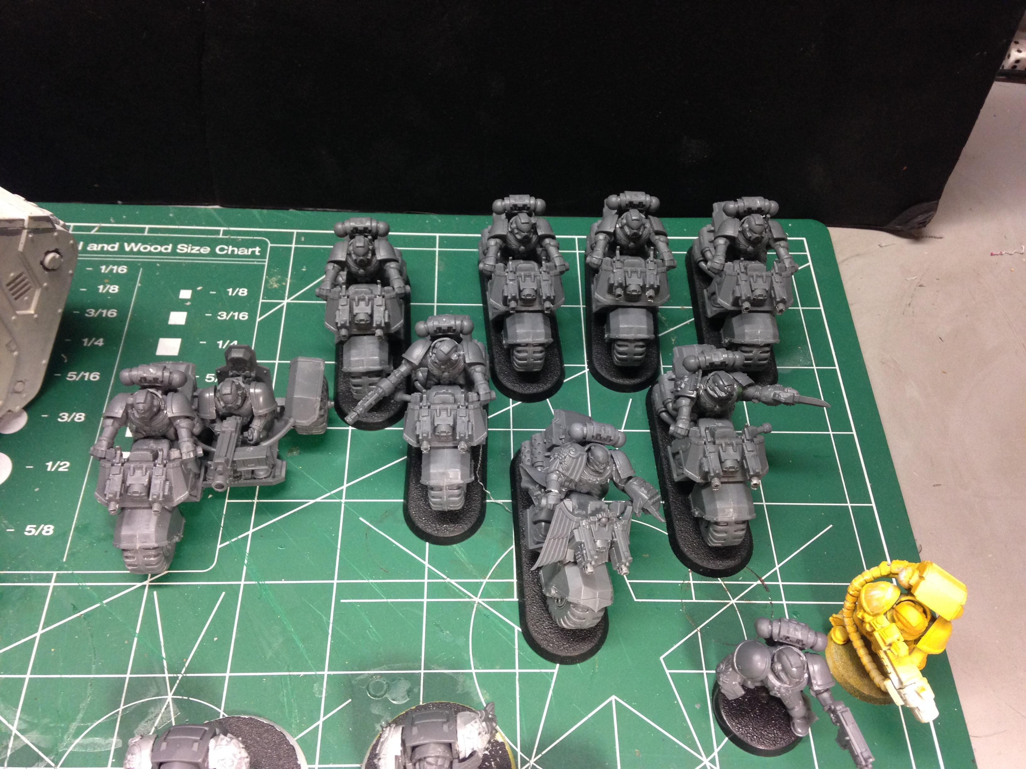 I dropped the Attack Bike from this list for the power fist and cannon. That gives me a Captain on a bike with a power fist. The Veteran Sergeant has a lighting claw and a Metla bomb, and one biker is equipped with a graviton rifle