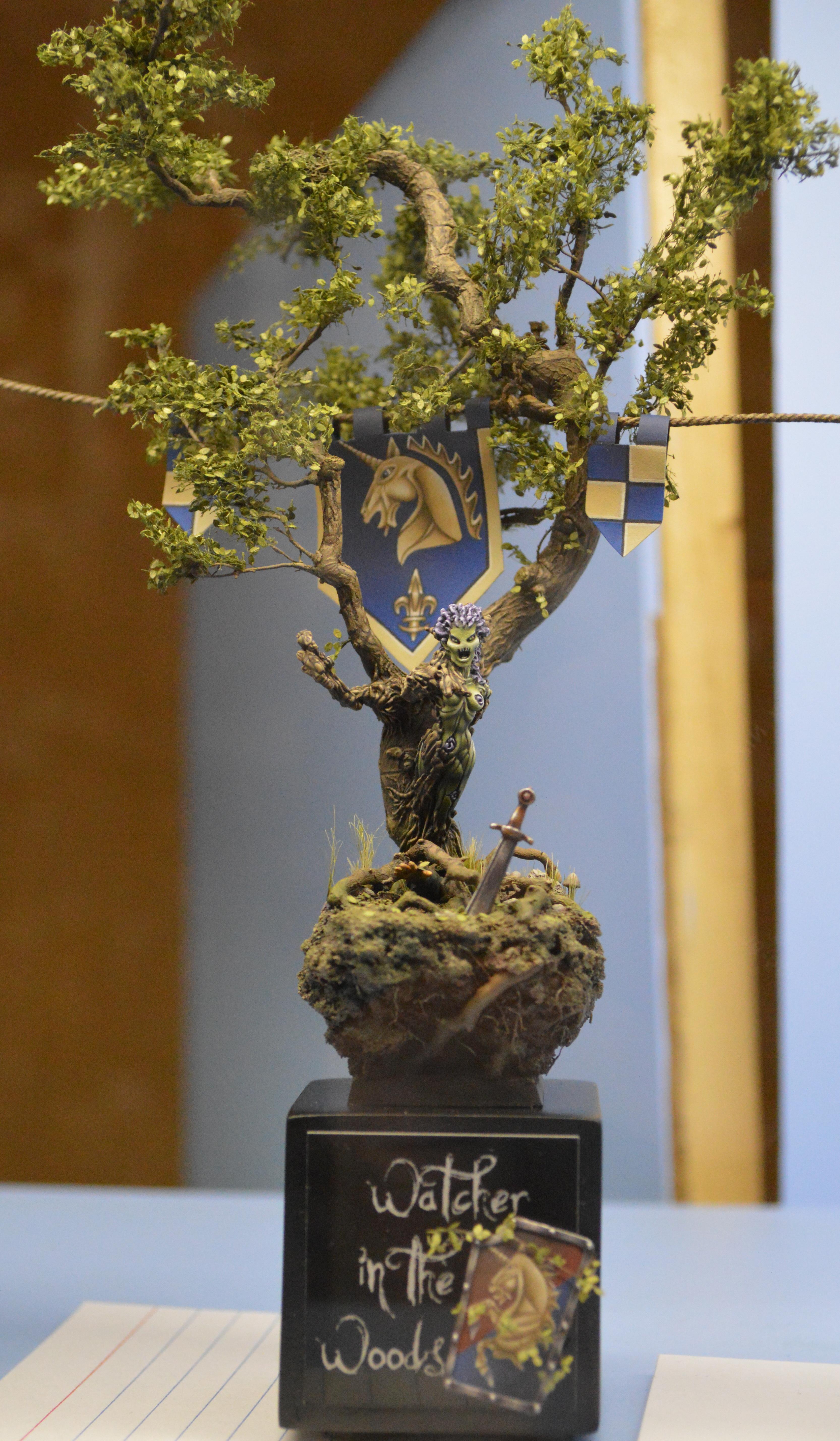 Adepticon 2014, Banner, Bretonnians, Crystal Brush, Diorama, Dryad, Forest, Nature, Trees, Unicorn, Watcher In The Woods, Wood Elves