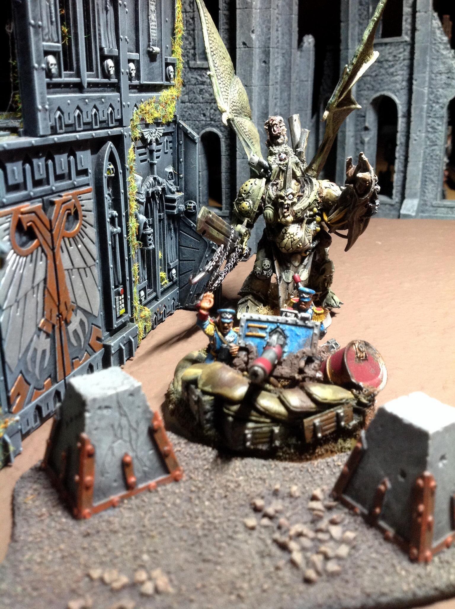 Astra Militarum, Daemon Prince, Daemons, Death Guard, Hellbrute, Hidden, Mordian, Nurgle, Plague Marines, Ruins, Warhammer 40,000
