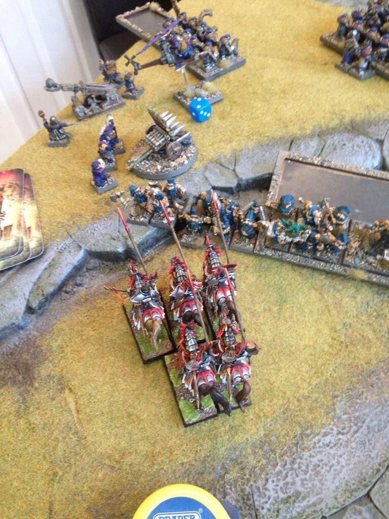 High Elves, Dragon Princes advancing on Dwarven artillery