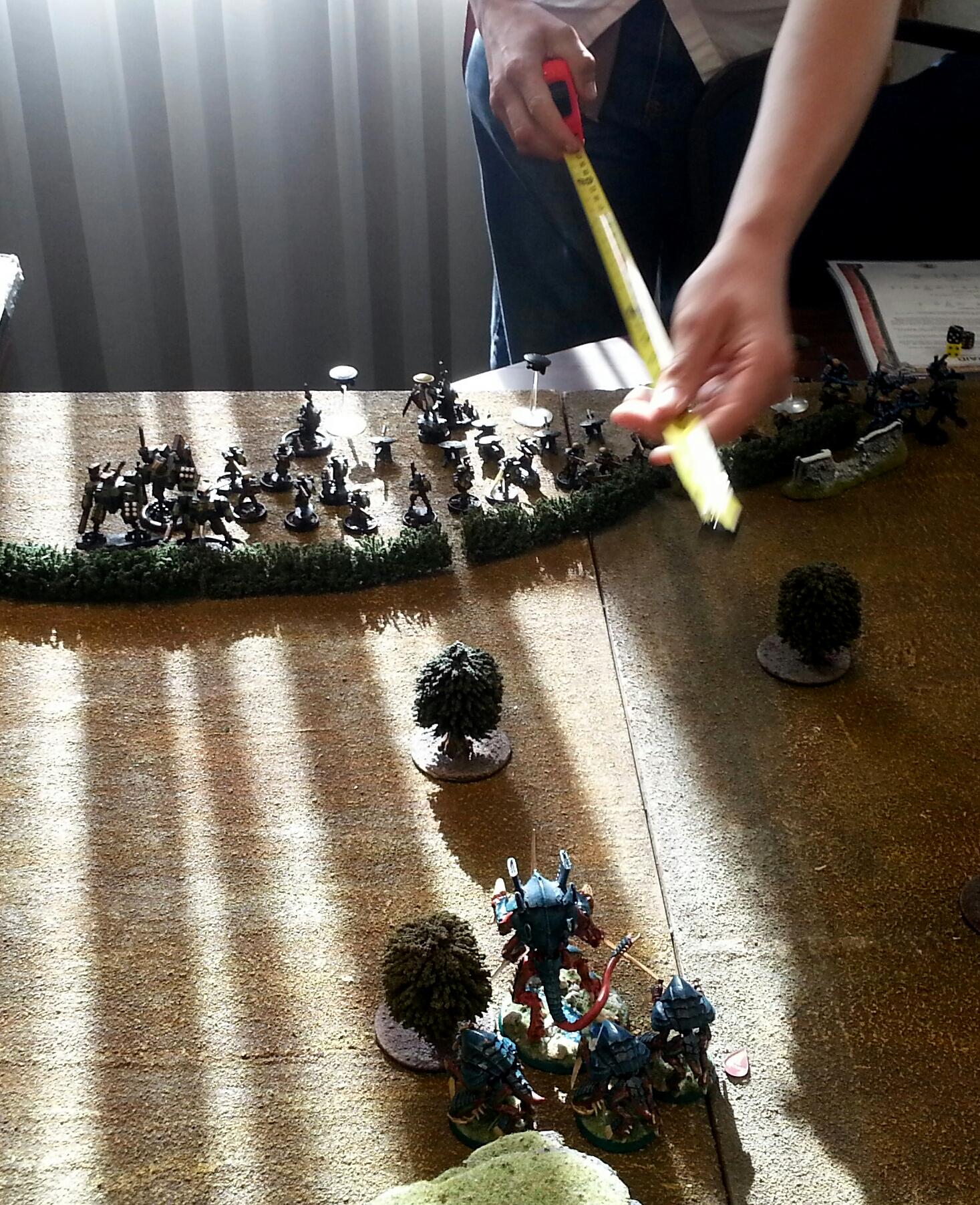 Tau, Tyranids, Turn 1A Tau: Sniper Drones shoot Tyrant