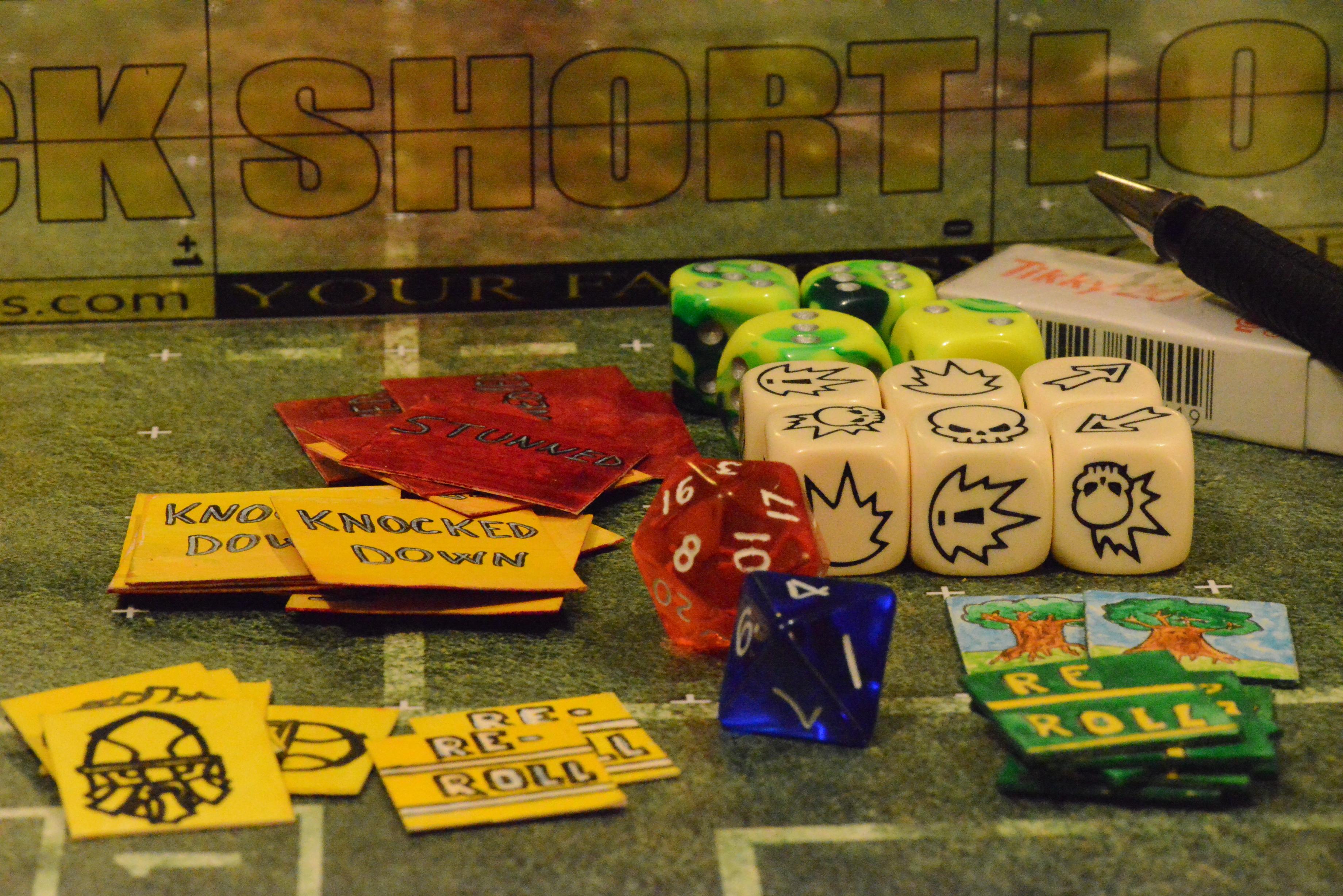 Block Dice, Blood, Blood Bowl, Bowl, D20, D6, D8, Dice, Range, Range Ruler, Re-roll, Ruler, Tokens