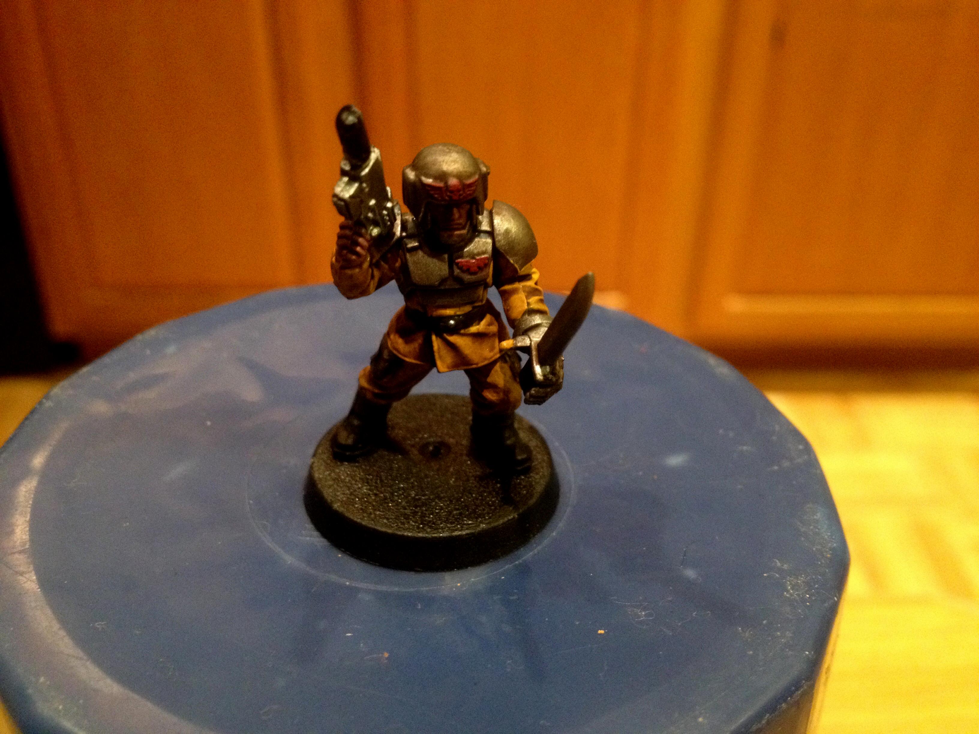 Trooper with las-pistol and Marine hand holding combat knife