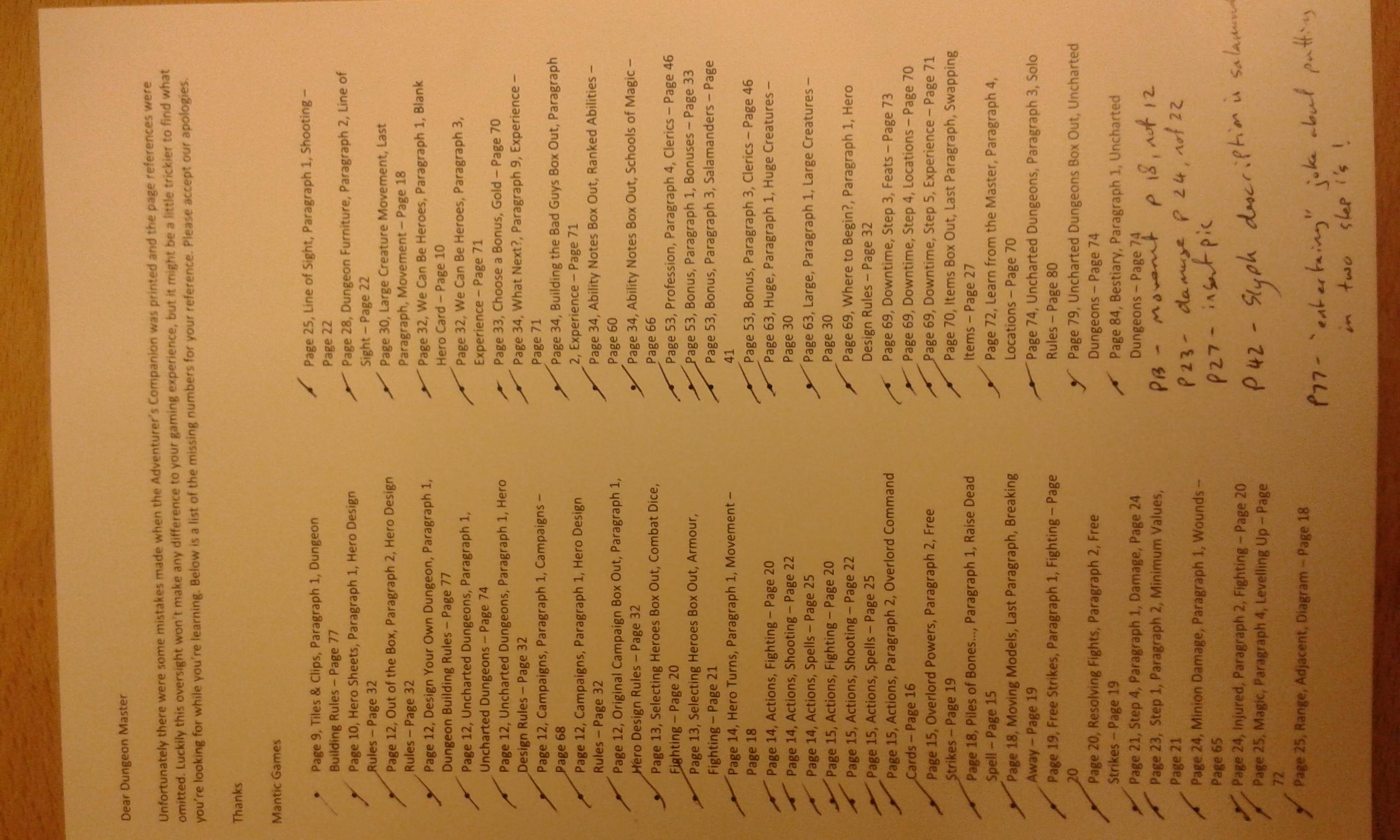 Adventurers Companion, Corrections, Mantic
