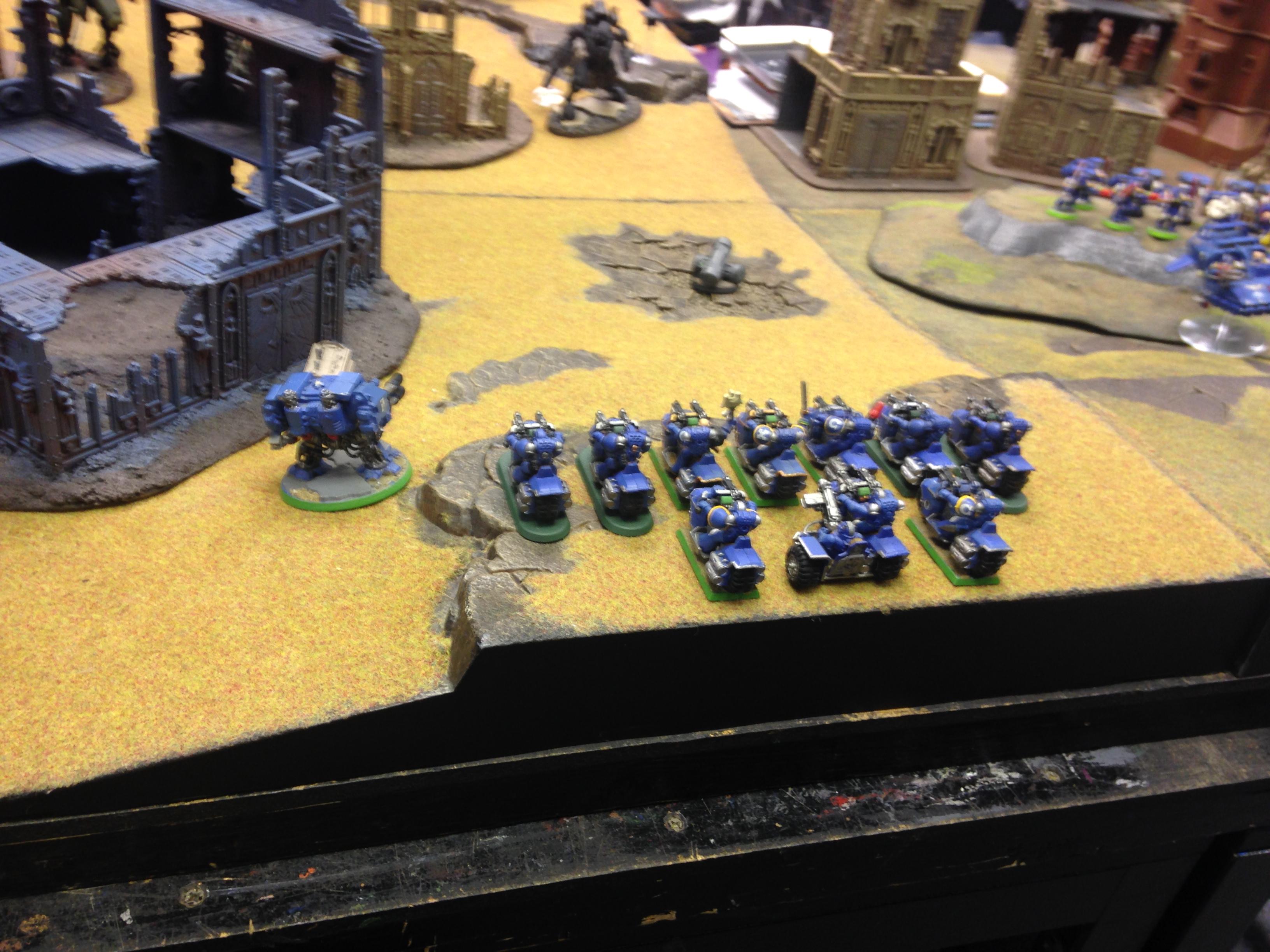 1000pts, 1st Battle In 7th Ed, Battle Report, Bike Squad, Chaplain On Bike, Dreadnought, Tau, Ultramarines