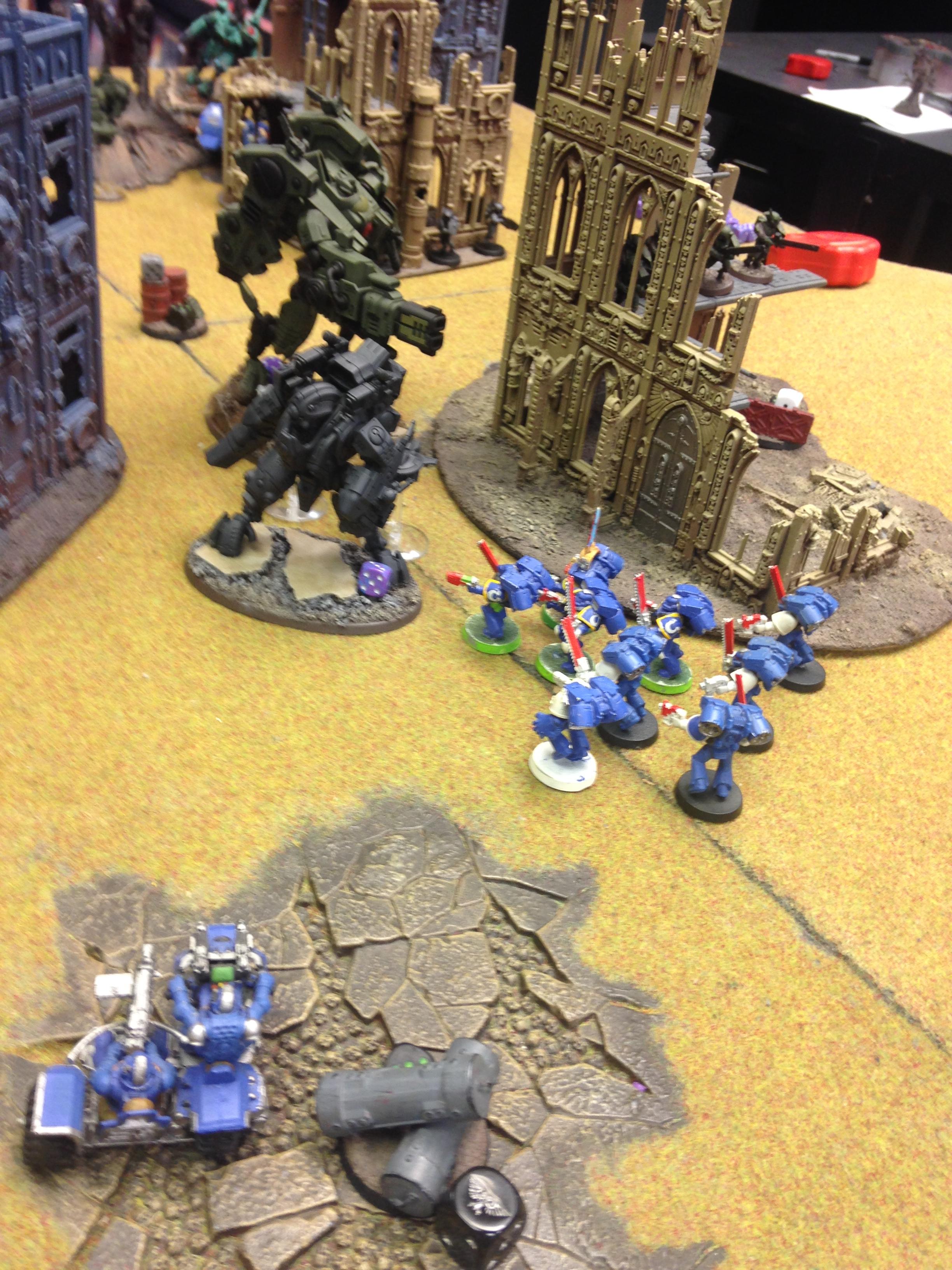 1000pts, 1st Battle In 7th Ed, Assault Squad, Attack Bike, Ghostkeel, Jump Pack Librarian, Riptide, Tau, Ultramarines