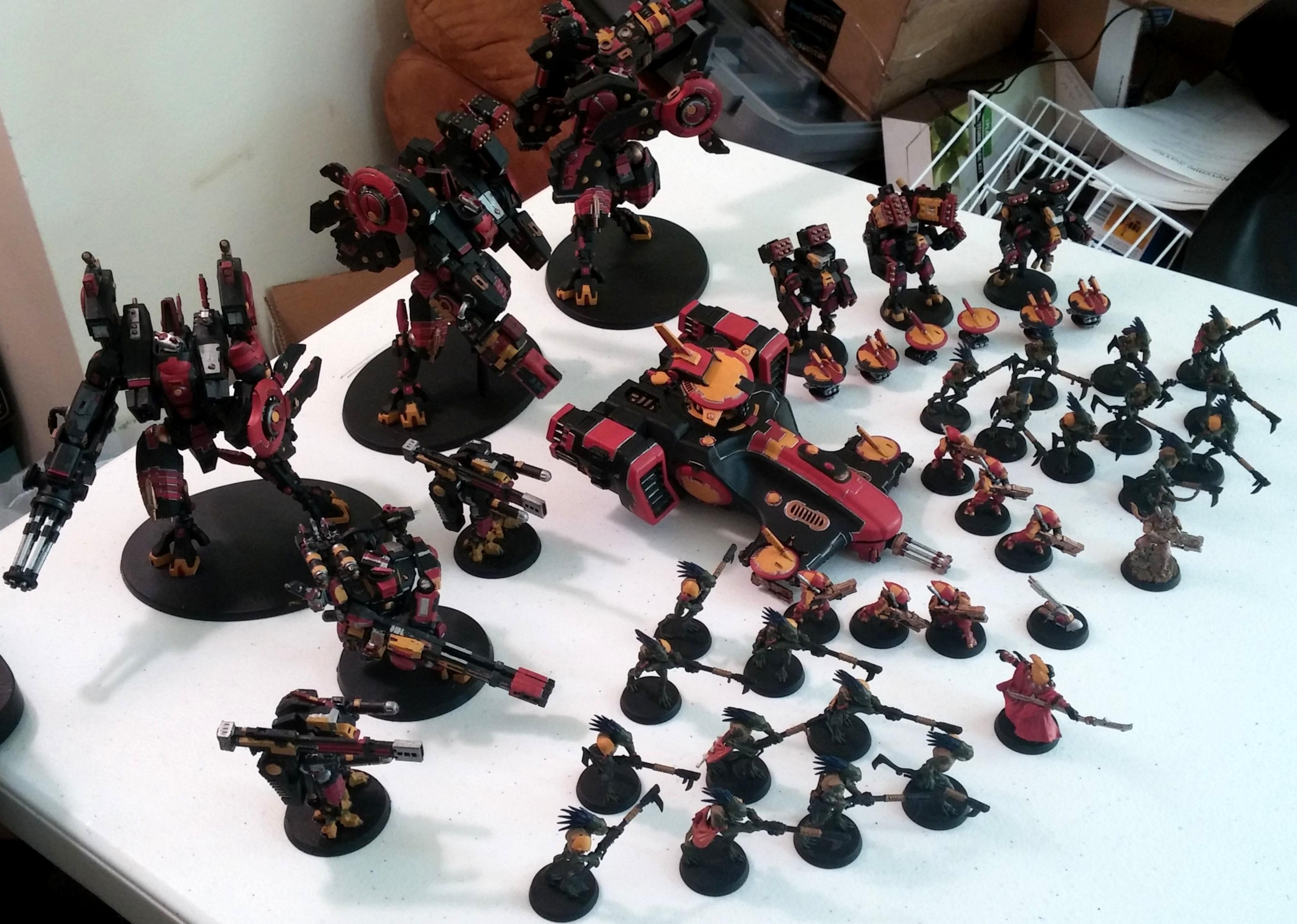 Broadsides, Burst Cannon, Darkstrider, Devilfish, Drone, Ethereal, Fusion Blaster, Heavy Burst Cannon, Heavy Rail Rifle, Ion Accelerator, Kroot, Missile Drone, Missileside, Objective Marker, Pathfinders, Plasma Rifle, Pulse Carbine, Railside, Recon Drone, Riptide, Riptide Shield Generator, Smart Missile, Tau