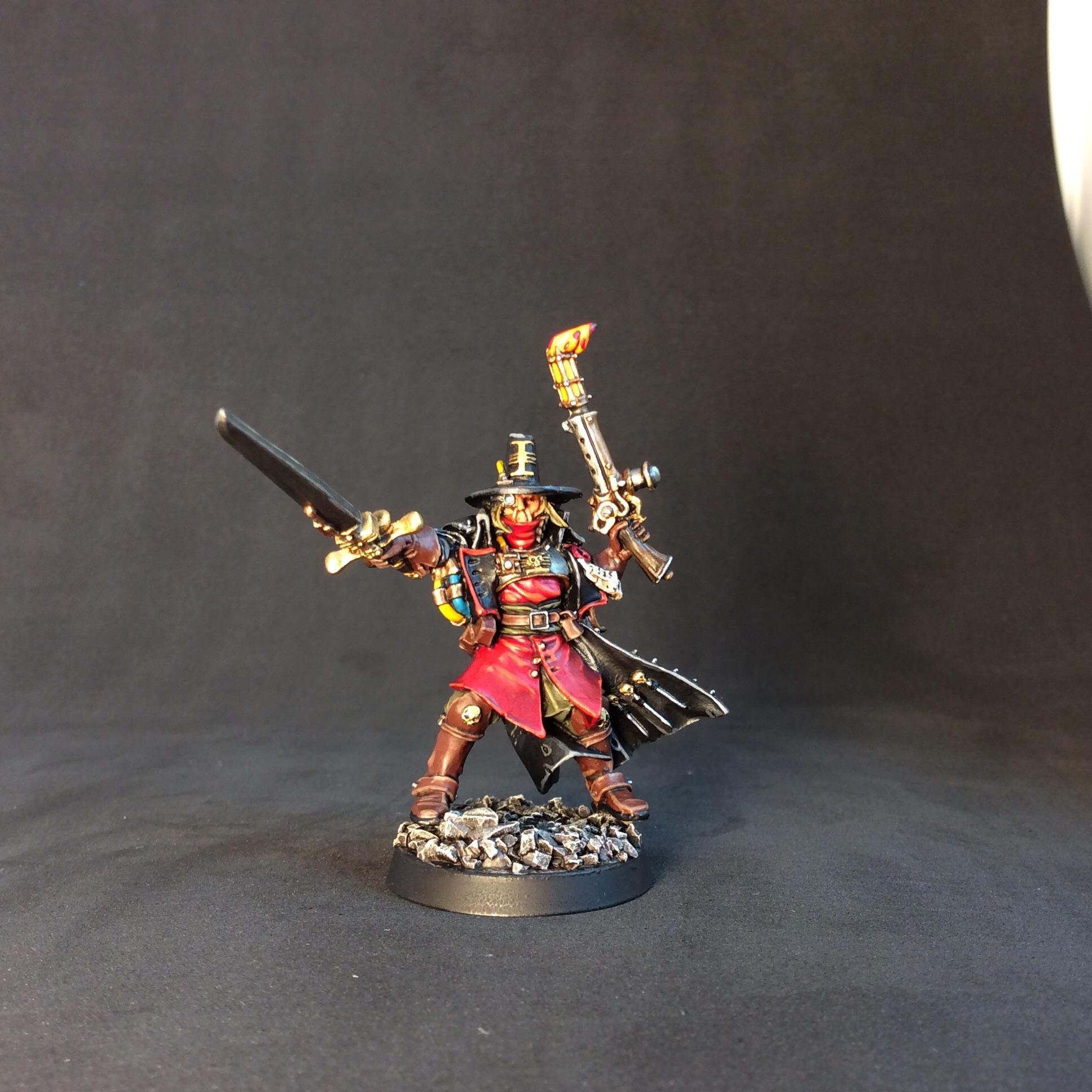 Witch hunter ala Warhammer Online IMO. or a 40k Inquisitor
