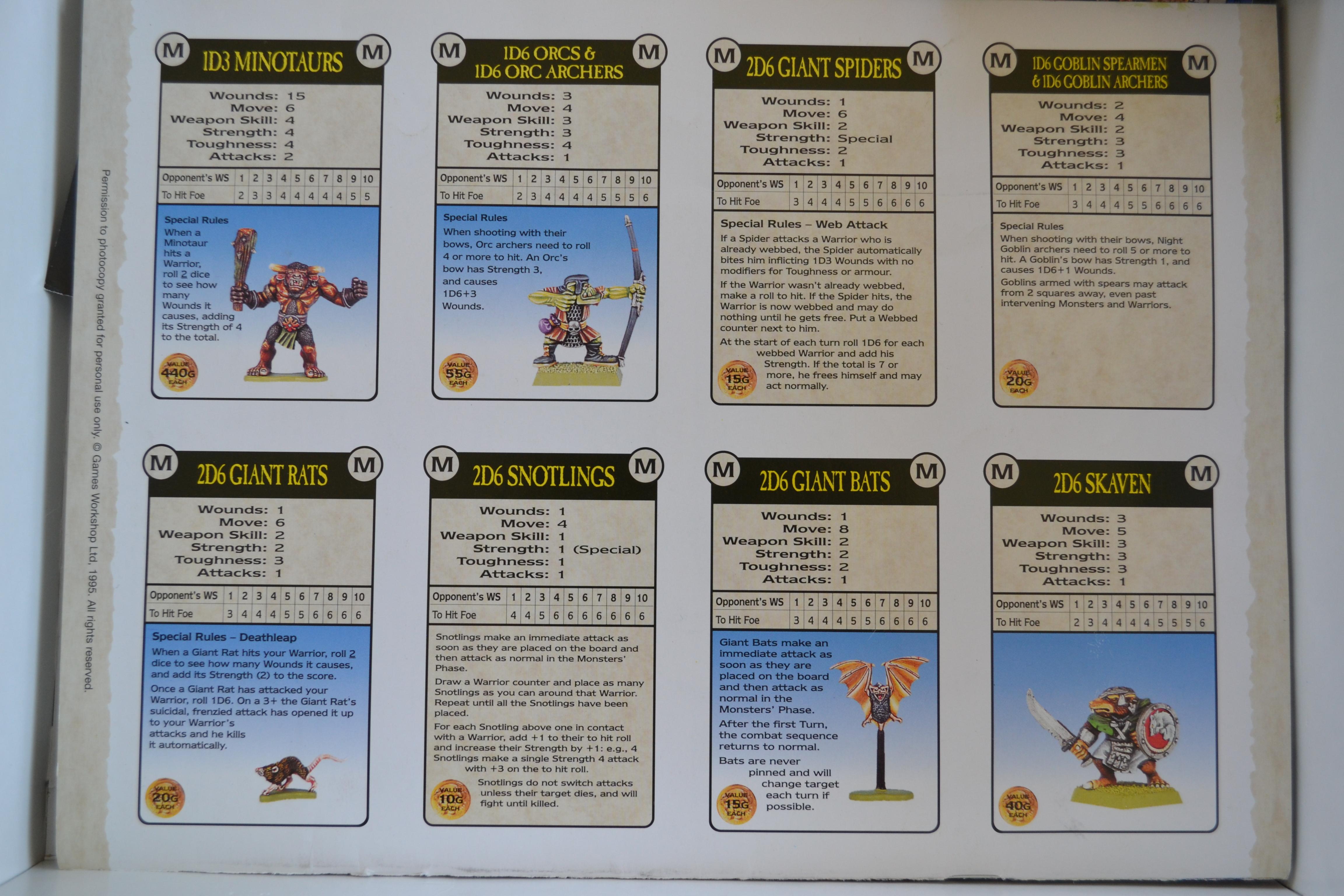 Monster card quick reference on the adventure book