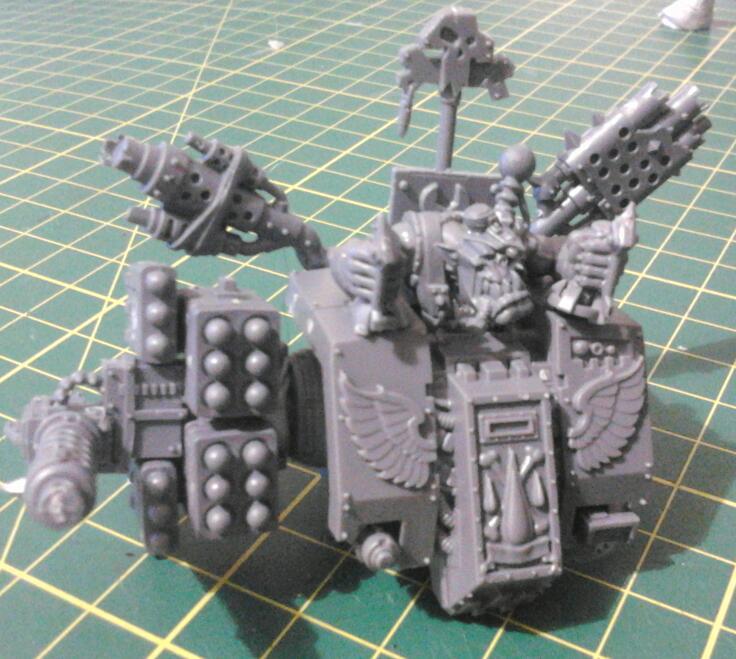 Space Marine Dreadnought torso with all the missiles I had to spare. The positioning of the exhausts in a vaguely angelic spread was a happy accident