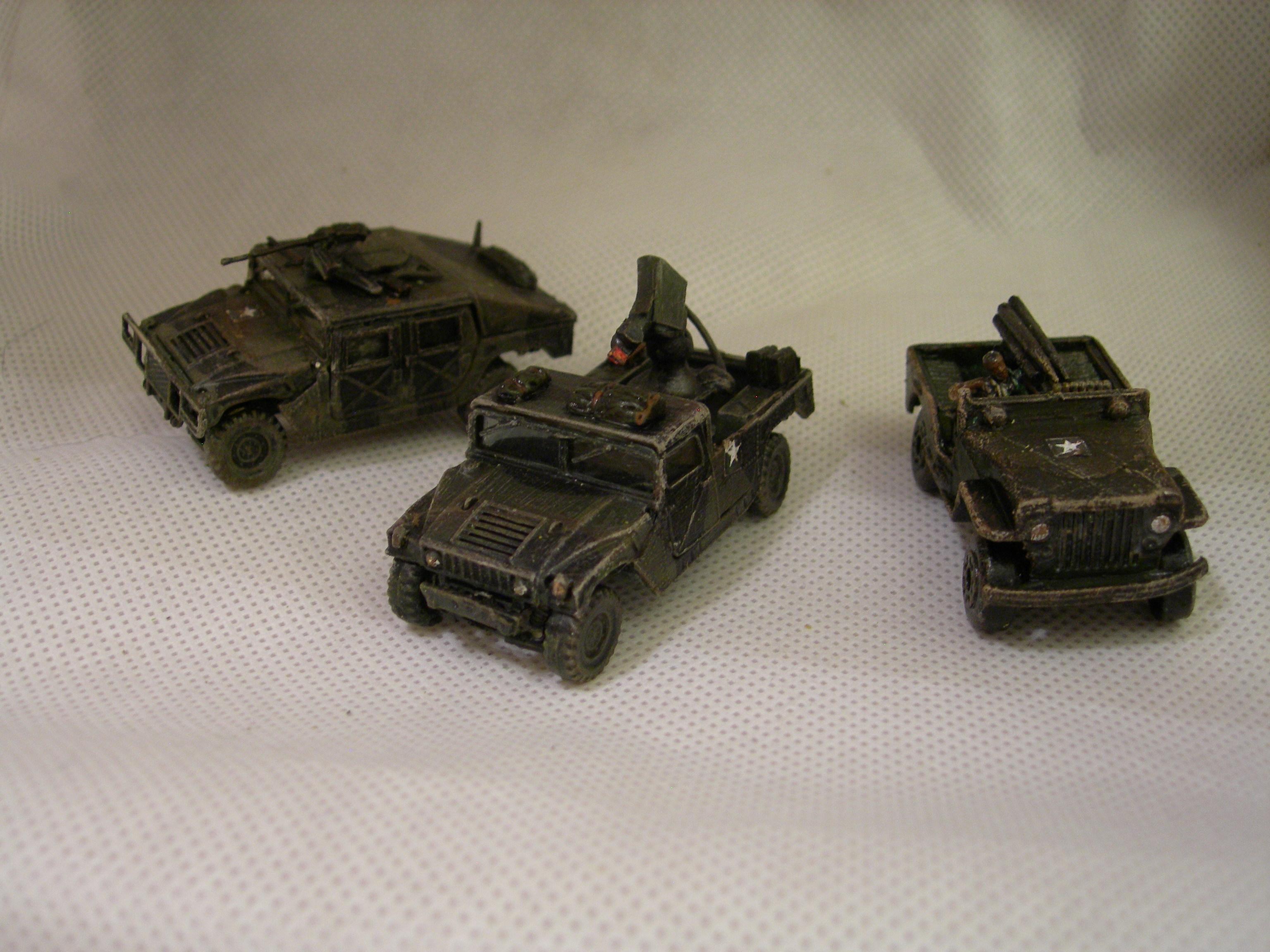 Light vehicles - Humvees equipped with heavy machine gun, railgun, and Stinger/ TOW launcher